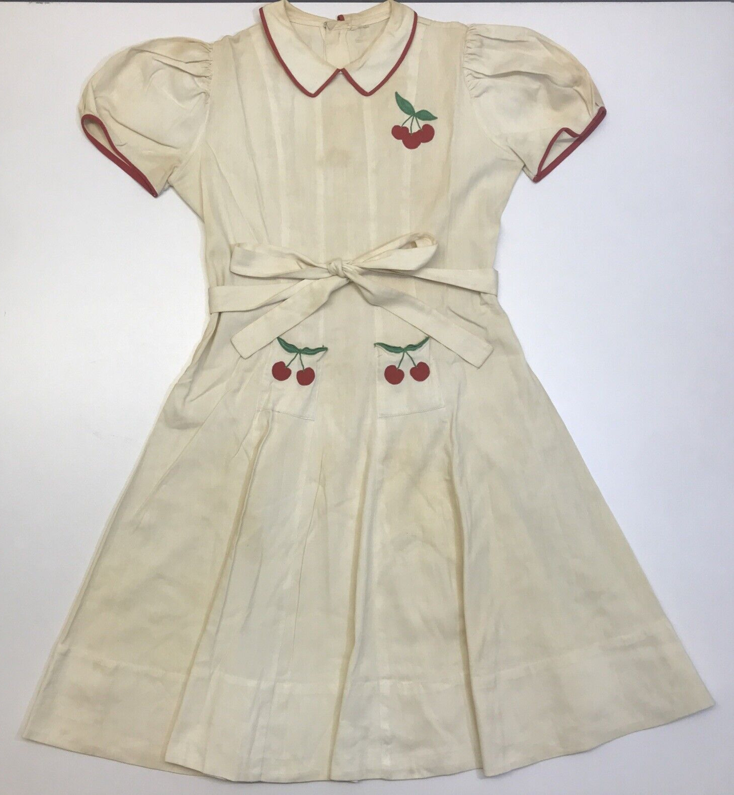Vintage 1940s Cherry White Red Fit Flare Short Puff Sleeve Collared Retro Dress