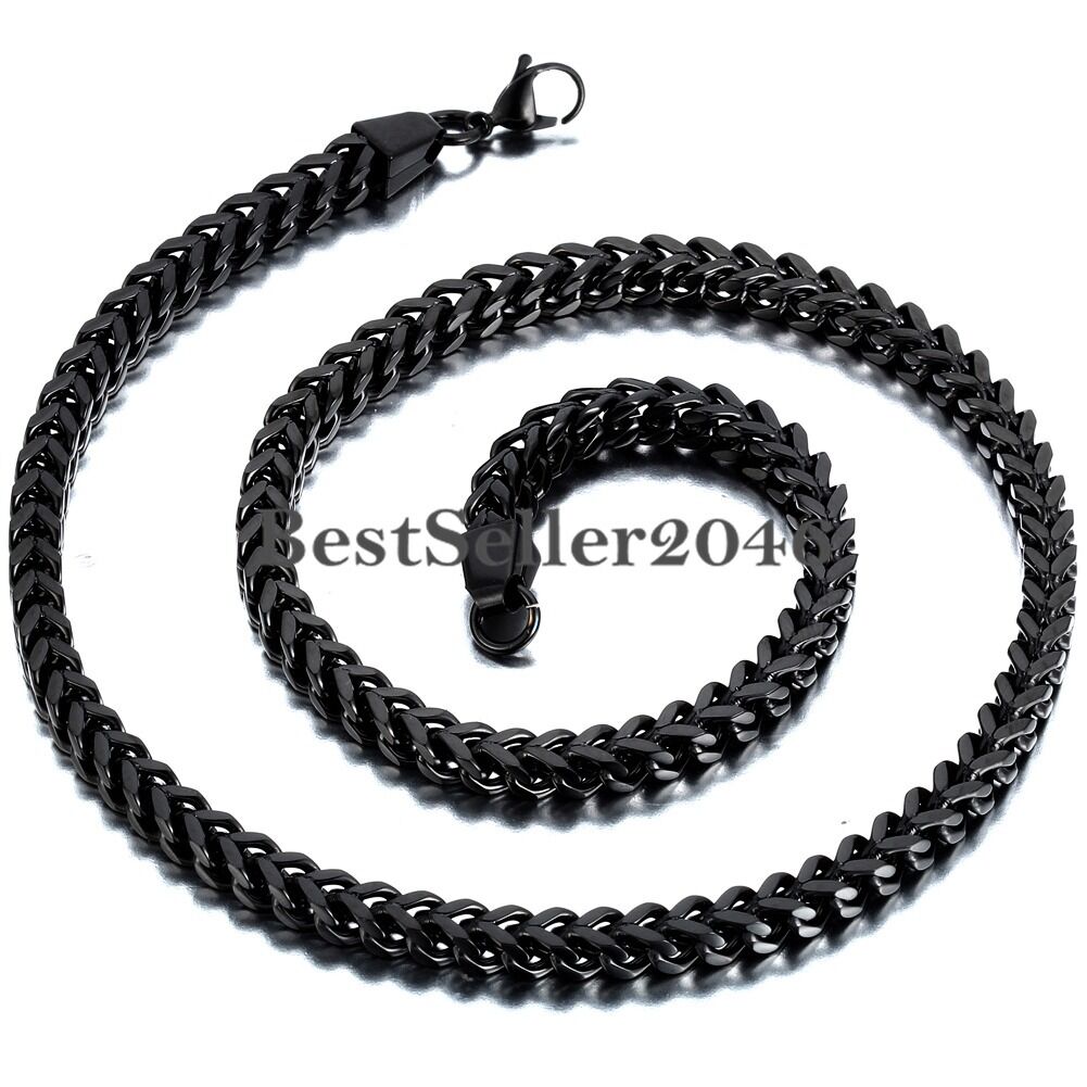 6mm Black Wheat Chain Link Punk Mens Biker Stainless Steel Polished Necklace 24\