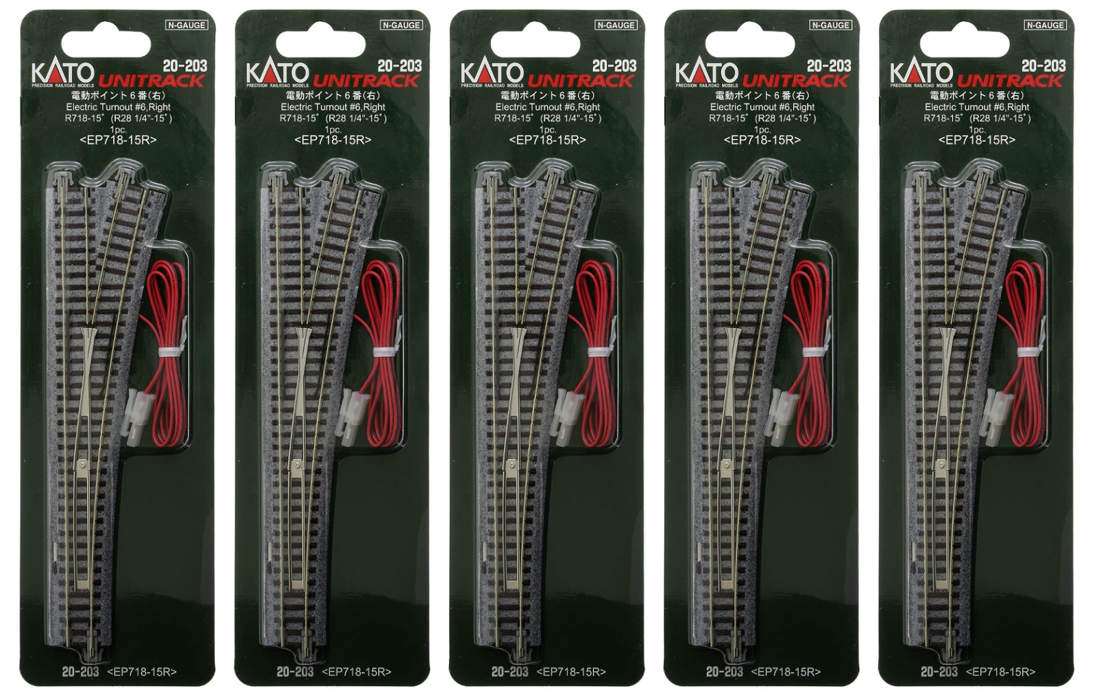 Kato 20-203 N Scale Unitrack Electric Turnout #6 Right Hand Set of 5 NEW
