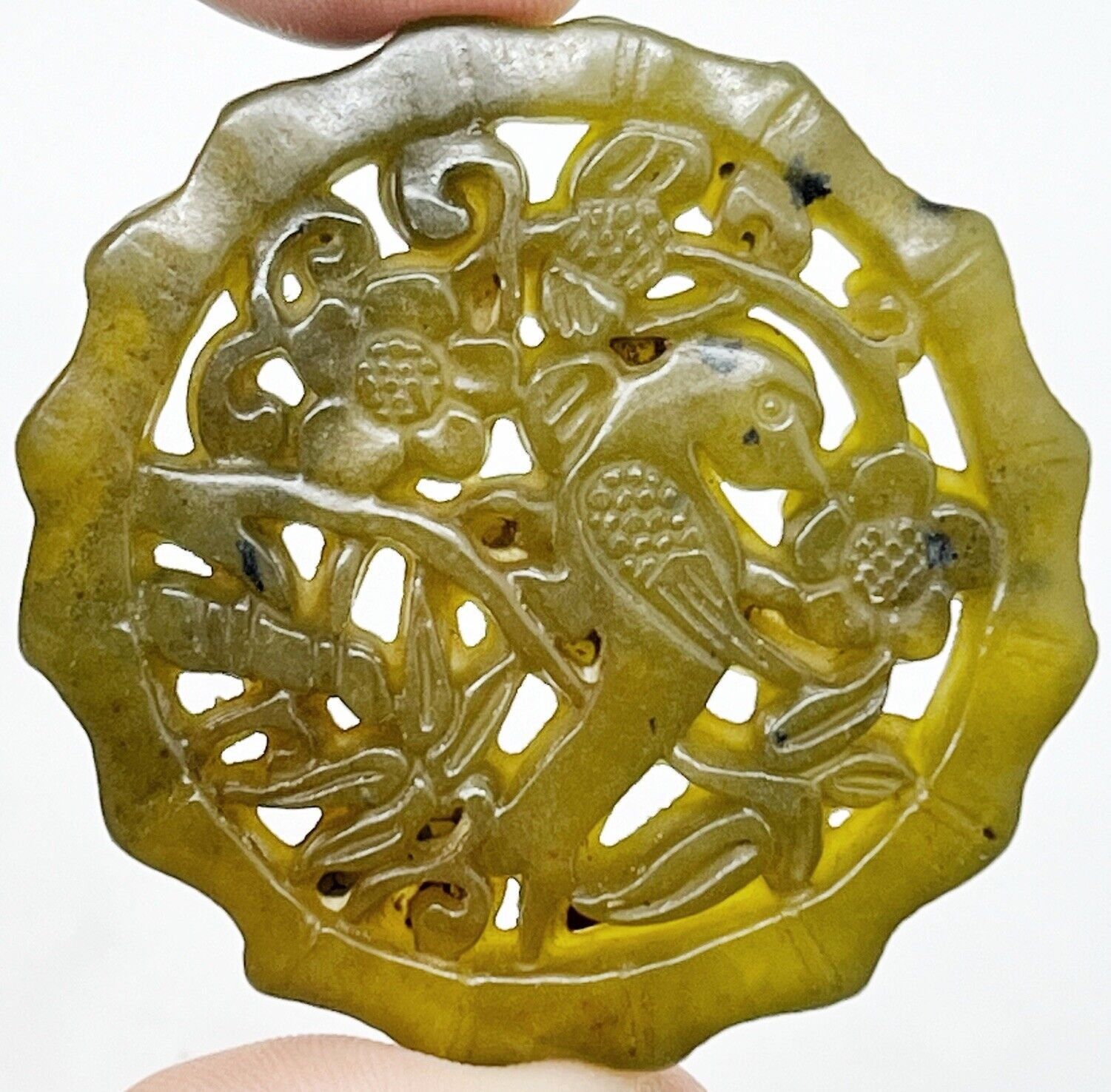 Beautiful Vintage Chinese Pendant Hand Carved Of Jade Or Stone — Bird In Tree