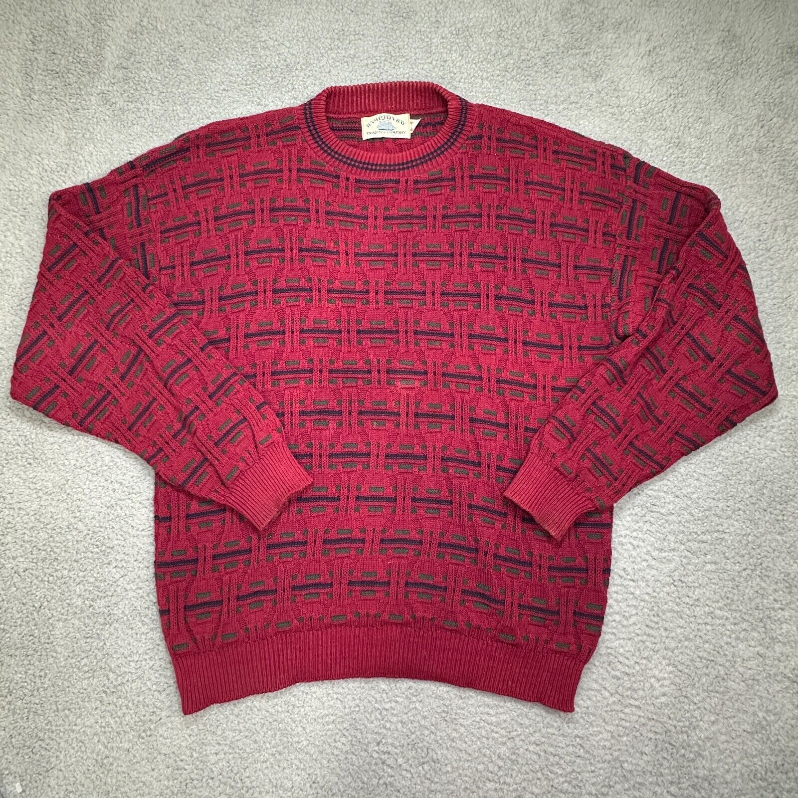 Vintage Hampton Bay Sweater Mens Large Red Textile Knit Pullover Crewneck Preppy