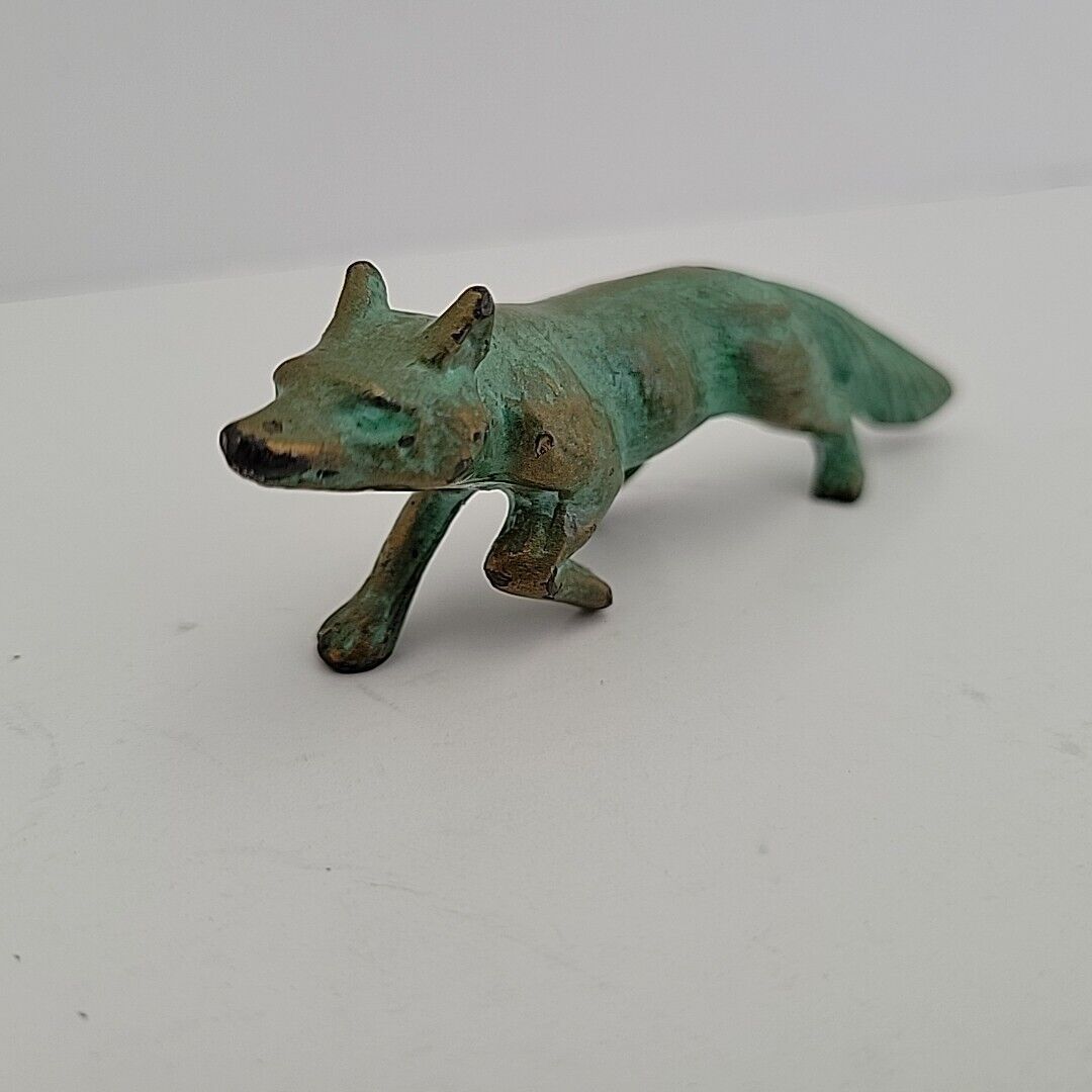 Vintage Solid Brass Sly Fox Animal Statue Figure Patina Coated Boho 