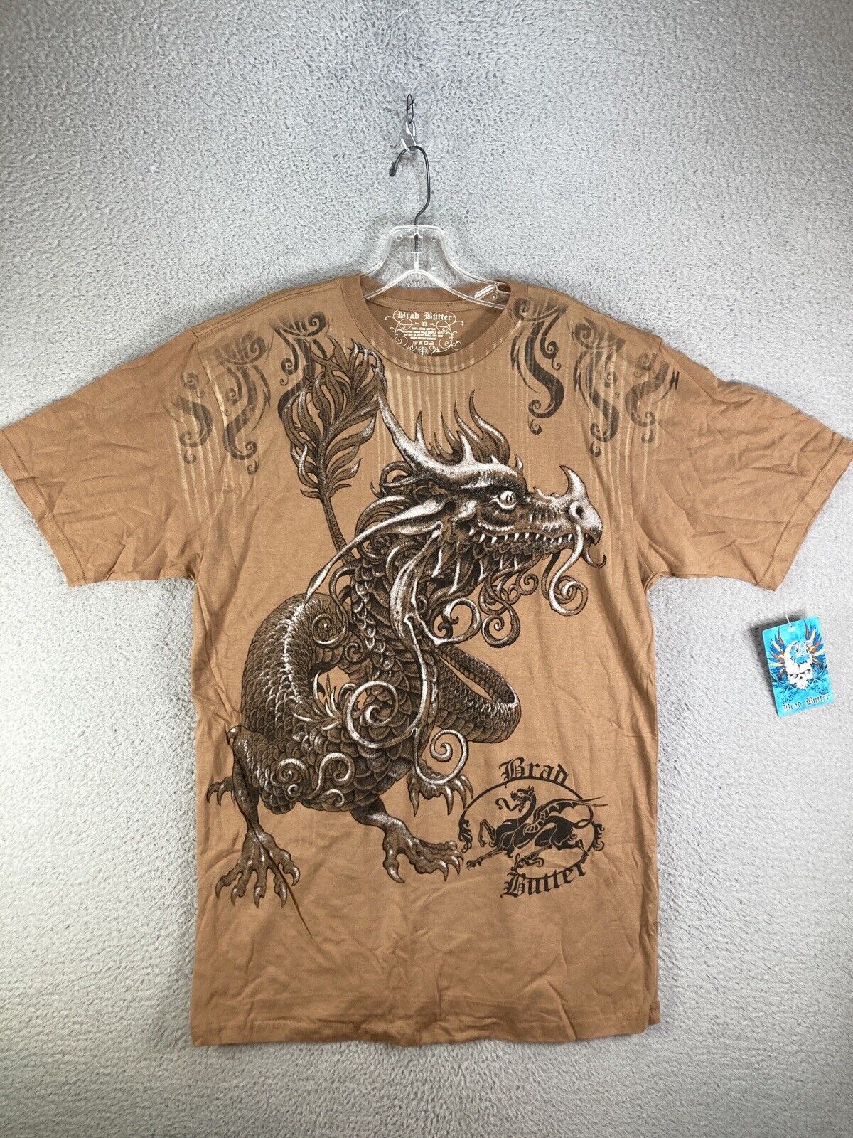 VTG Brad Butter Shirt Mens Extra Large Brown Dragon Skull Cross All Over Print
