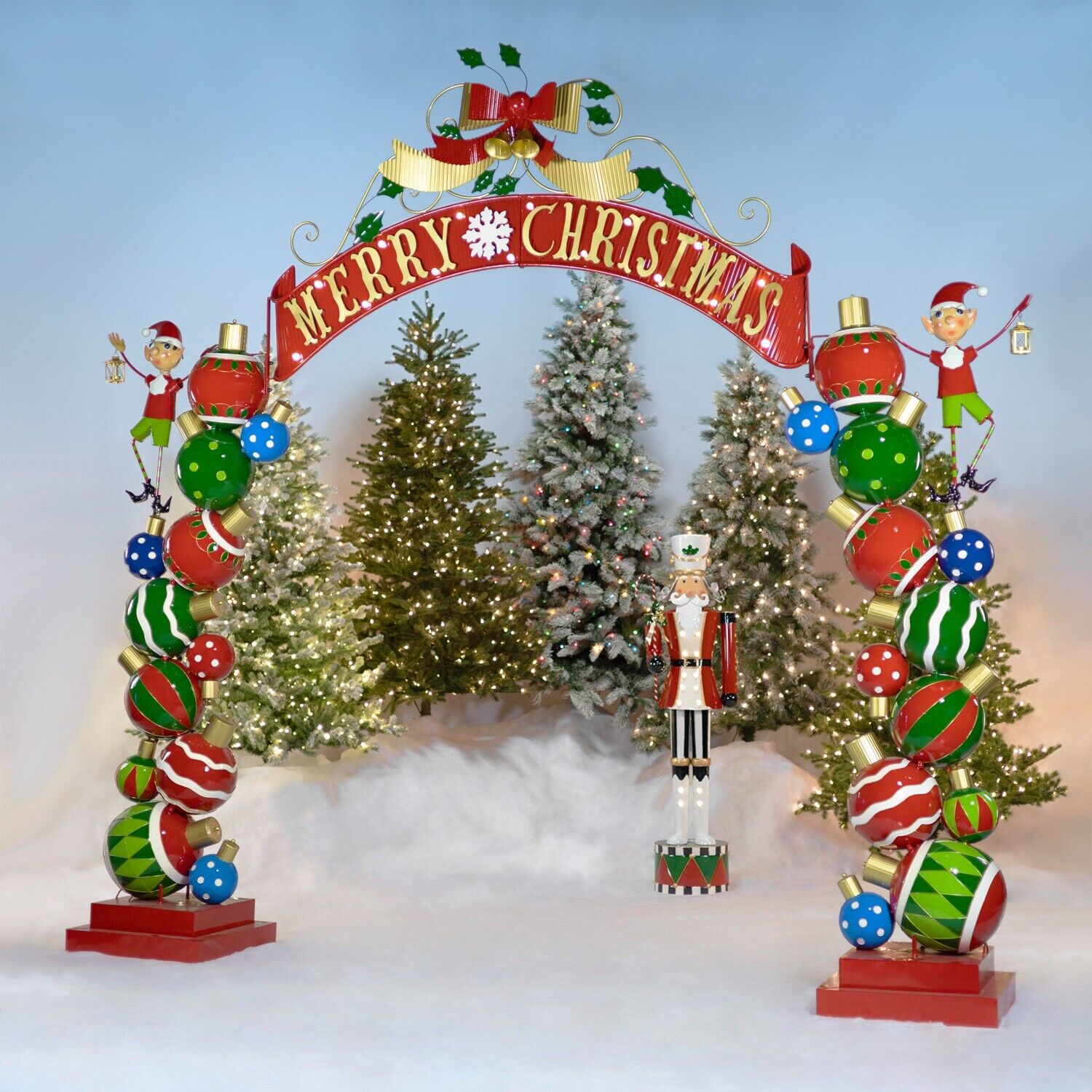 10.75 FT Tall Large Iron Christmas Archway with Elves and Merry Christmas Sign