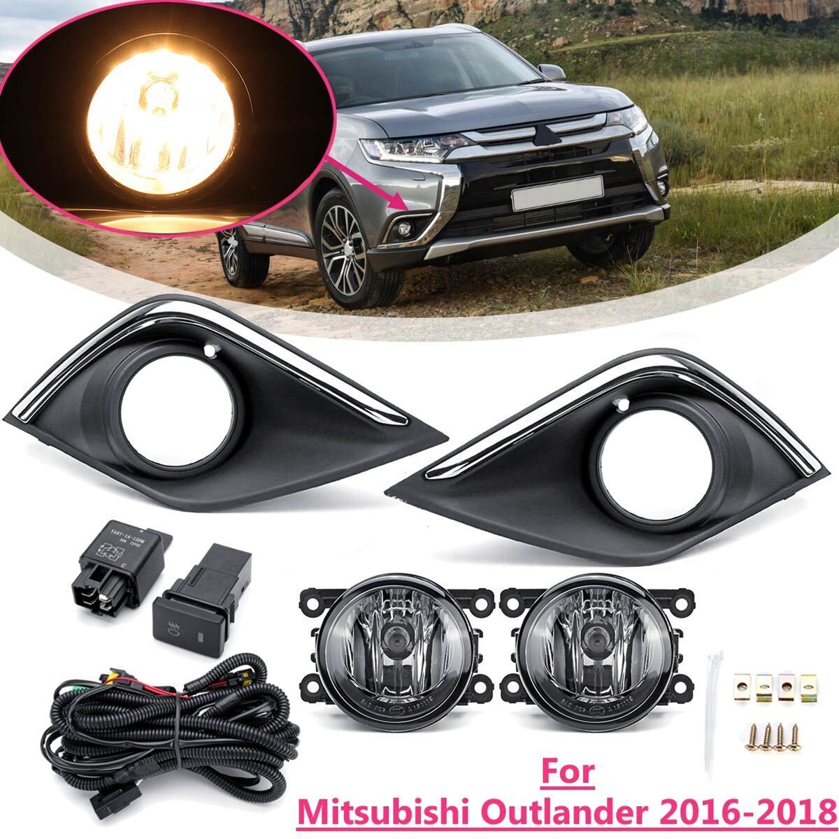 Front Bumper Fog Light Lamp w Cover Wire Kit For Mitsubishi Outlander 2016-2018