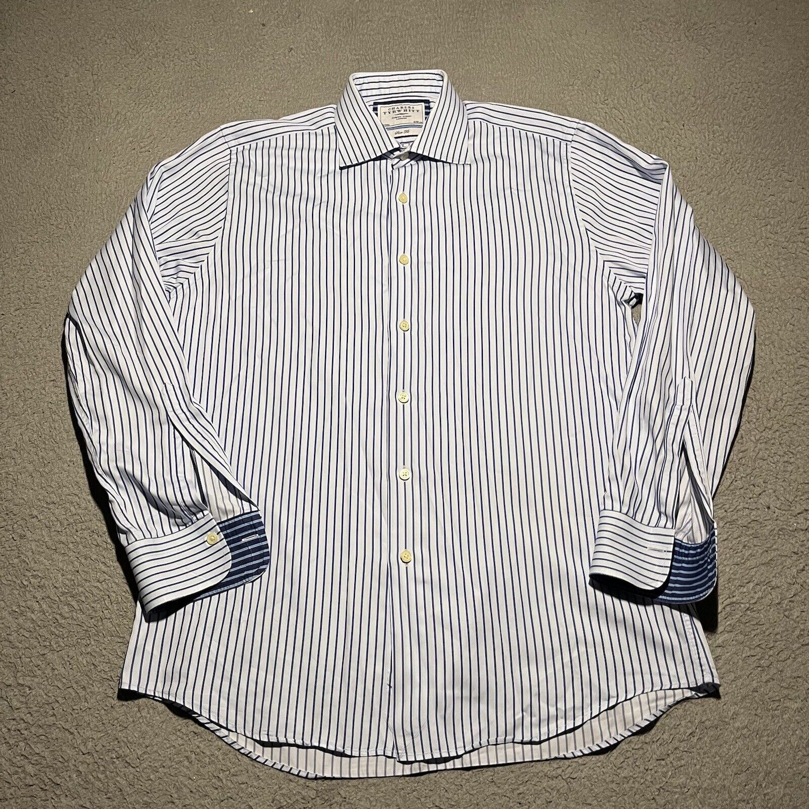 Charles Tyrwhitt Shirt Mens 16 / 34 Slim Blue Stripe Long Sleeve Cotton Button
