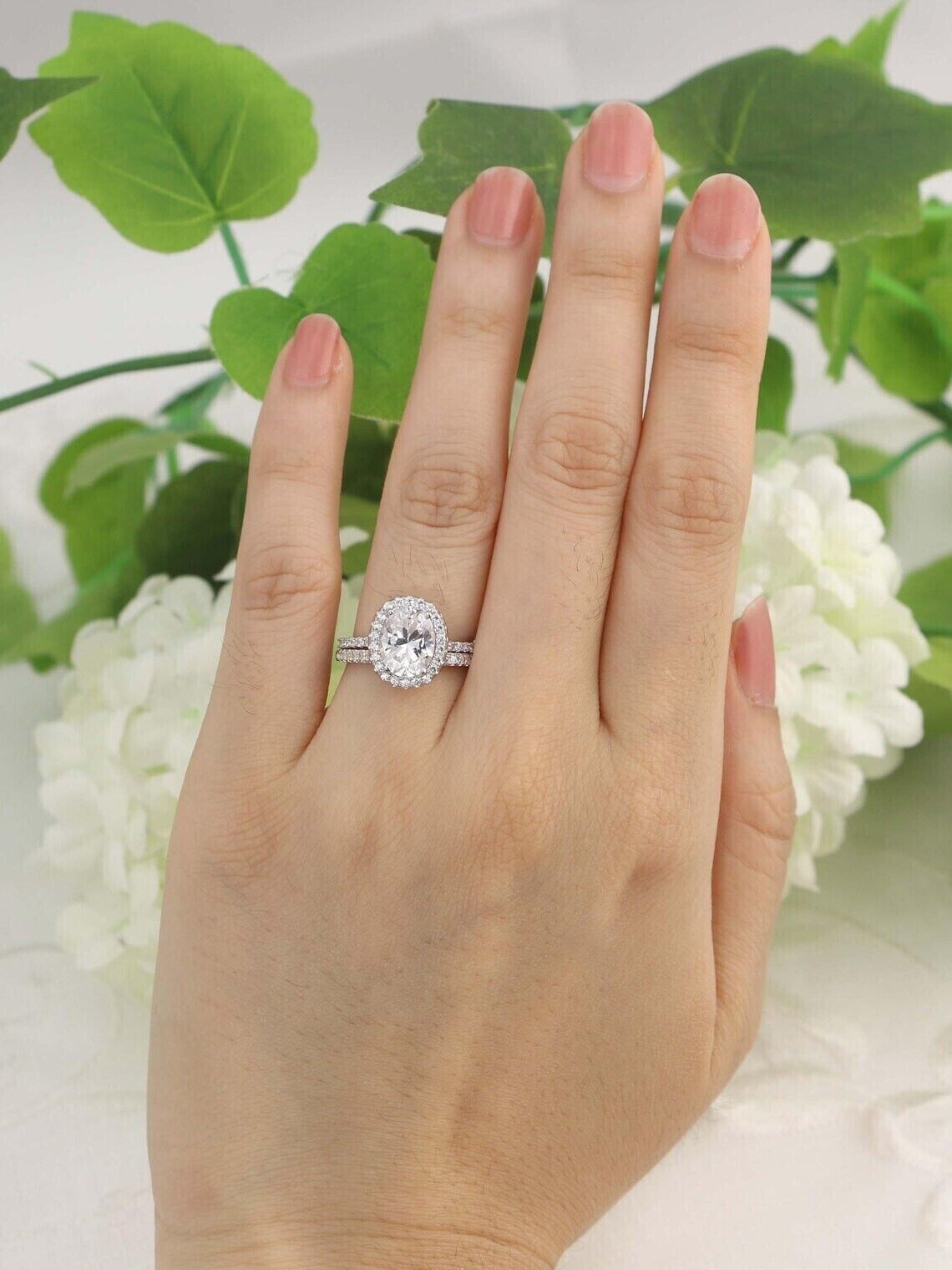 Dainty Halo 2.30 CT Oval Moissanite Wedding Set Engagement Ring 14K White Gold