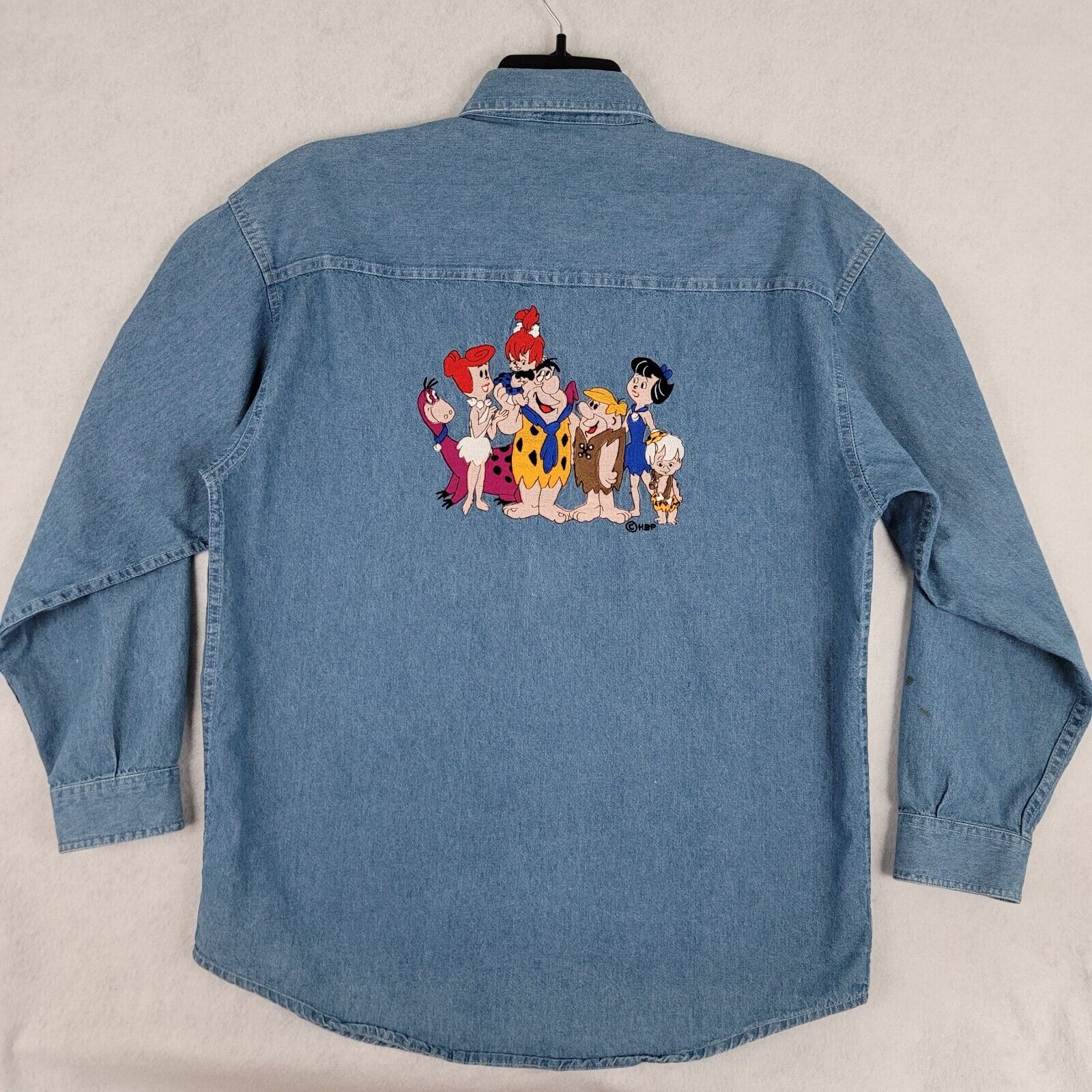Vintage Flintstones Shirt Men M Fits LARGE Blue Denim Fred 90s Button Up Cartoon