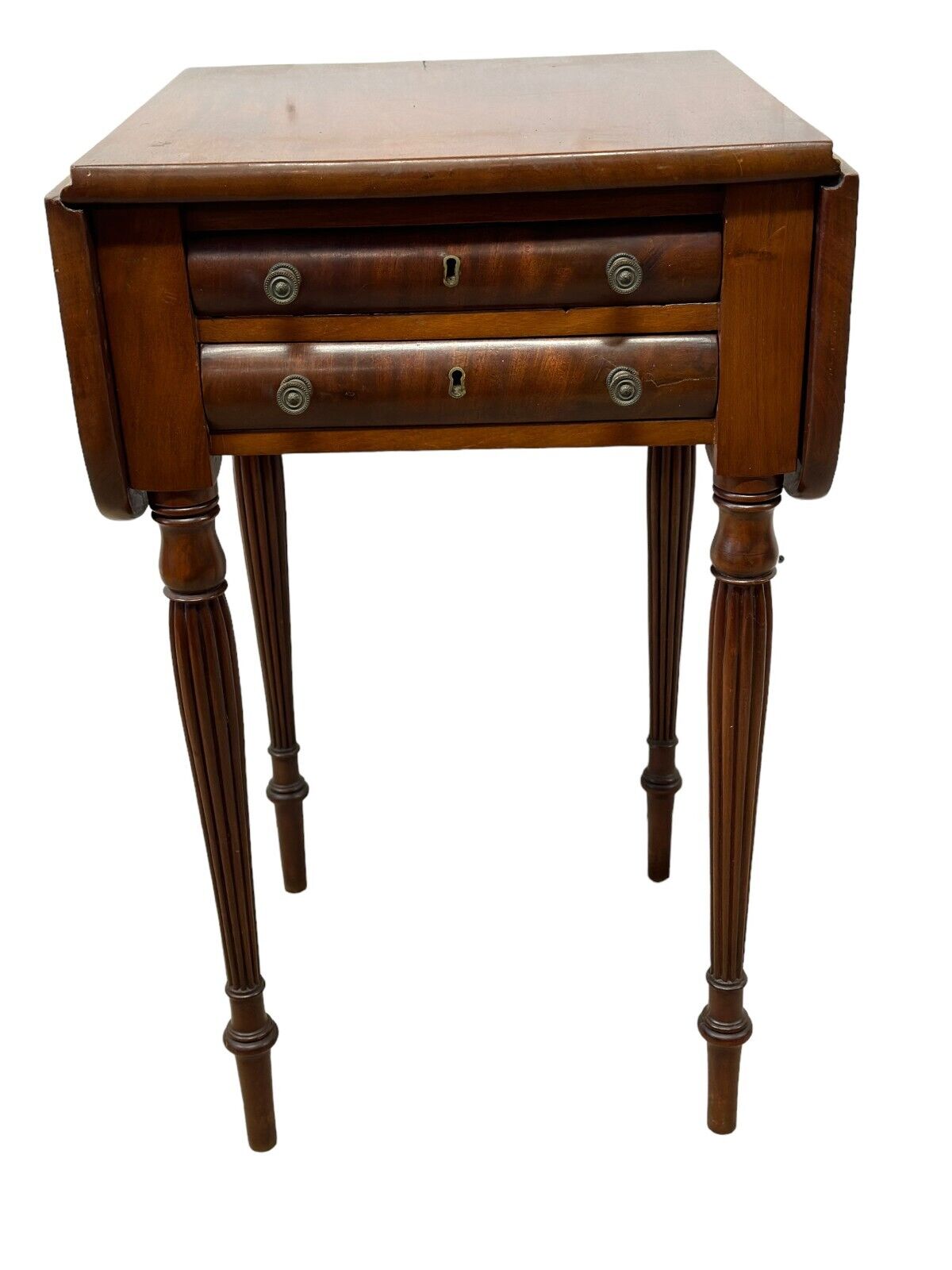 diminutive federal period mahogany 2 drawer table stand reeded legs 1820 fine