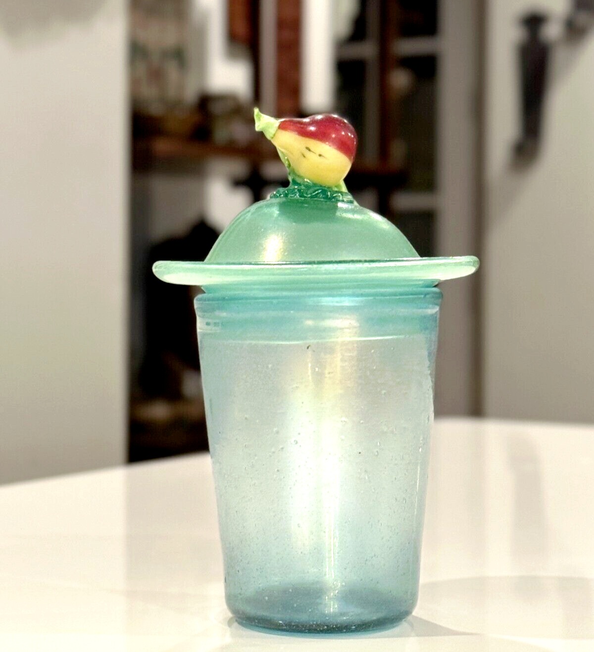 Antique Steuben Verre De Soie Opaline Art Glass Lidded Storage Jar Fruit Finial