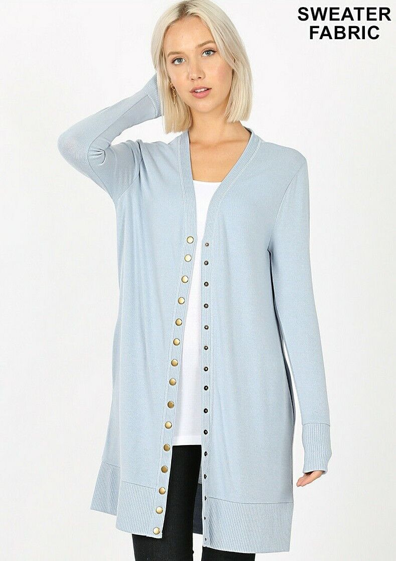 1X 2X 3X Snap Button Hip or Thigh Length Long Sweater Cardigan with Side Pockets