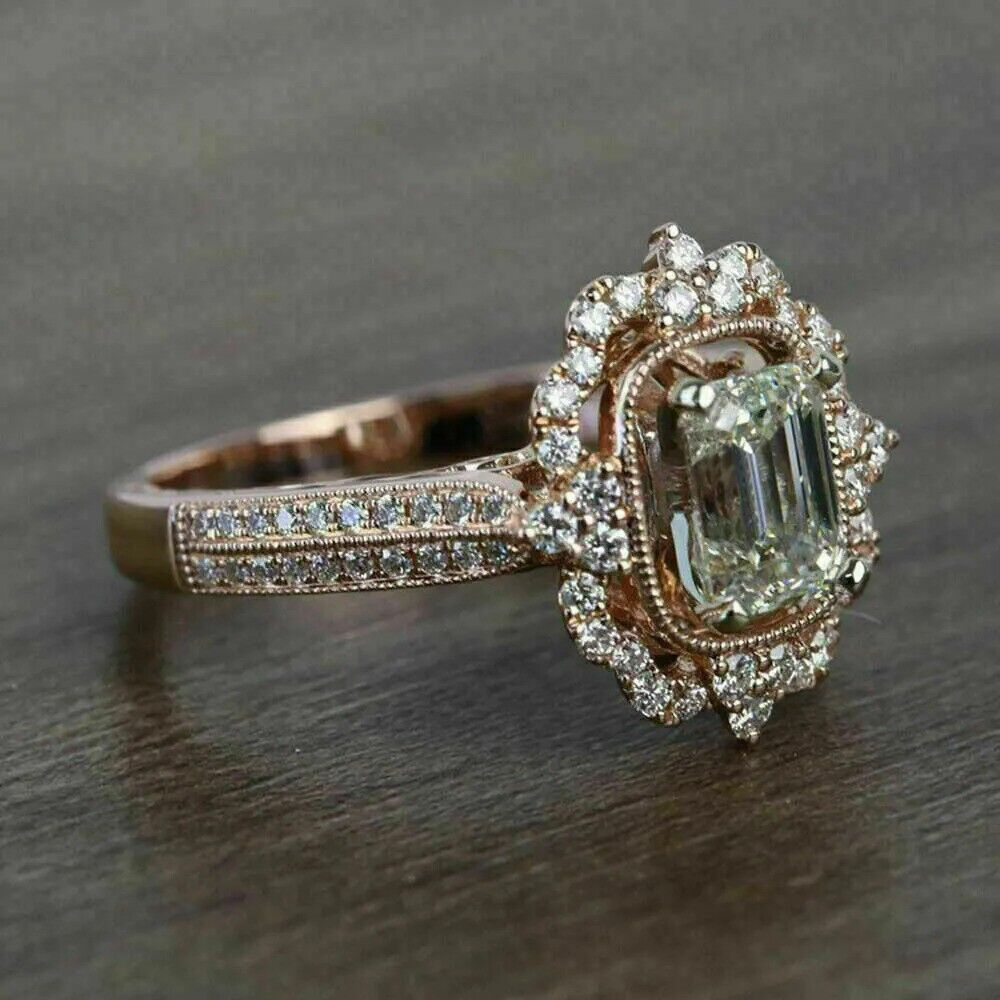 3Ct Emerald Cut Moissanite Engagement Solitaire Vintage Ring 14K Rose Gold Over