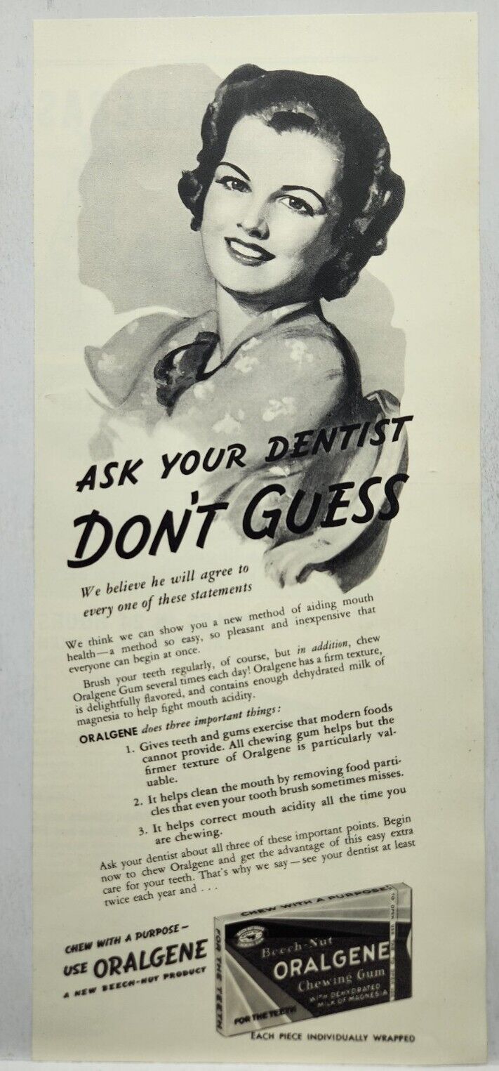 1936 Beech Nut Oralgene Chewing Gum Vintage Print Ad Poster Man Cave Art Deco