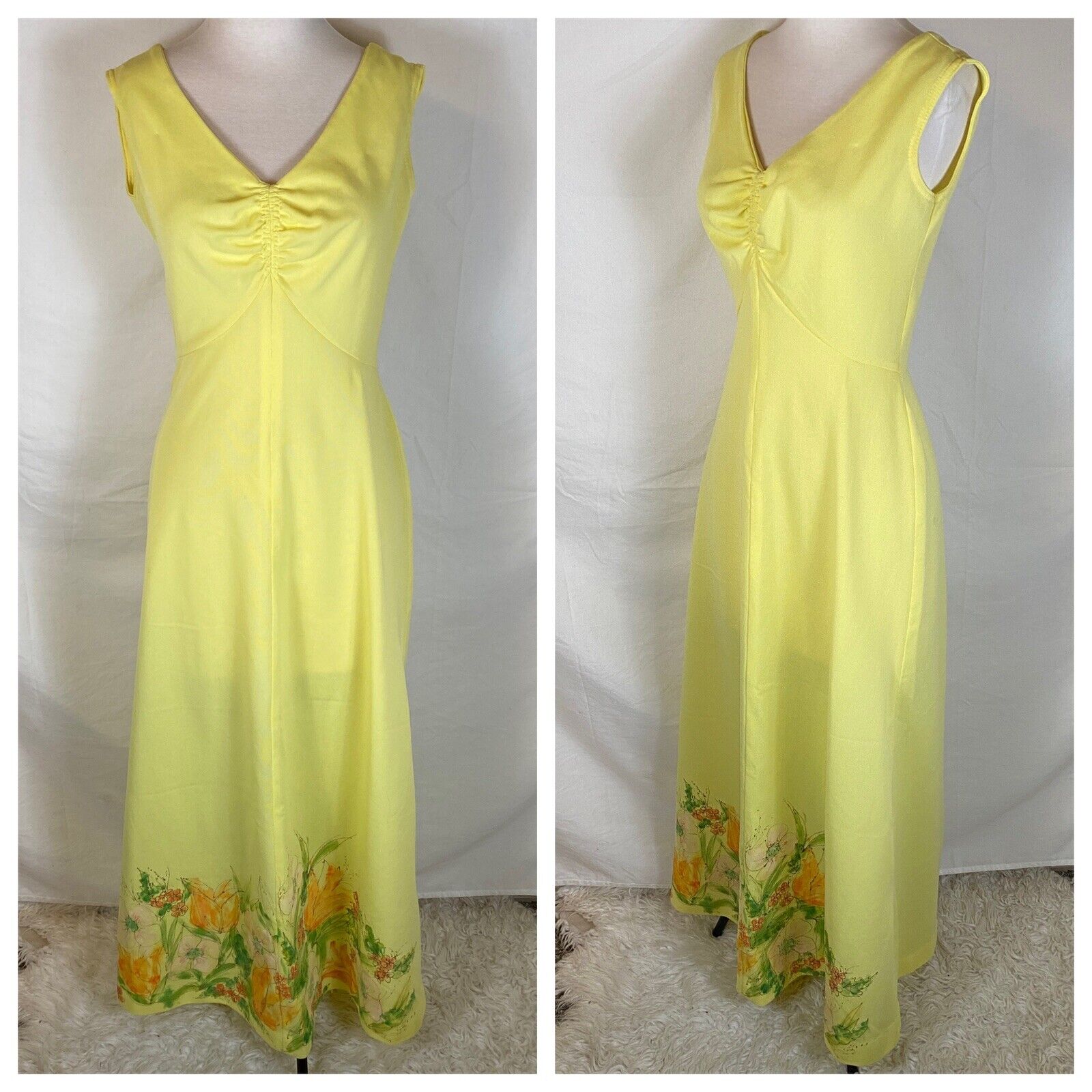 Vintage 60s 70s Montgomery Ward Mod Maxi Dress Yellow Floral Romantic Size M VGC