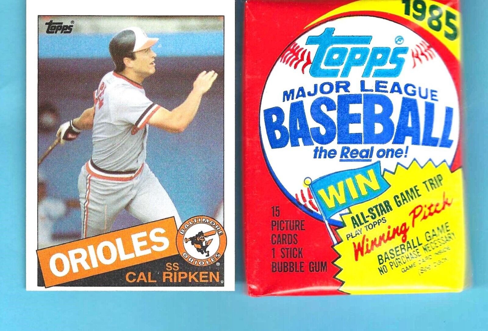 1985 Topps Baseball Sealed Wax Pack + 85 Topps Cal Ripken #30 Baseball Card
