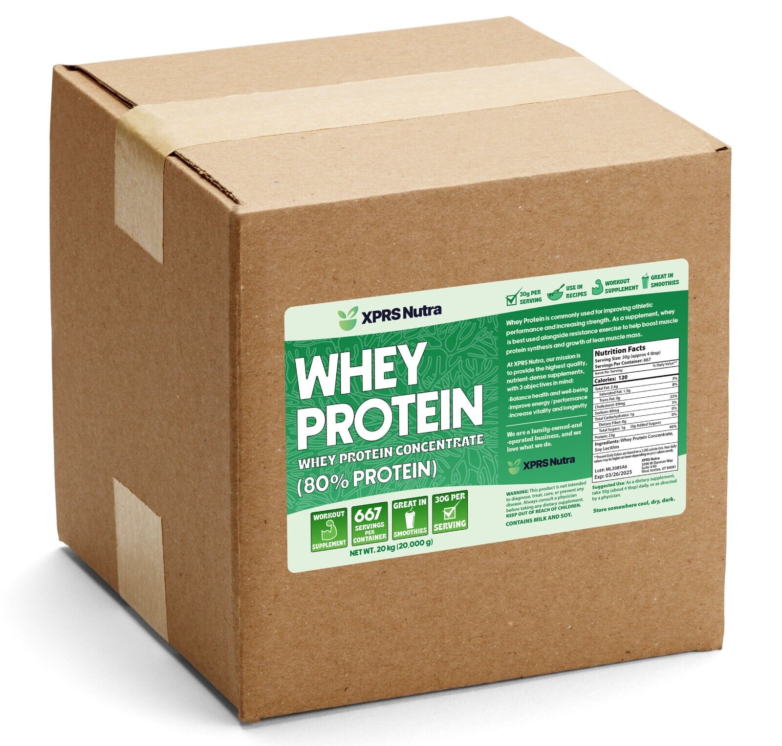Whey Protein Concentrate 80% WPC Bulk Supplement Powder 44 lbs bag (20 kg)