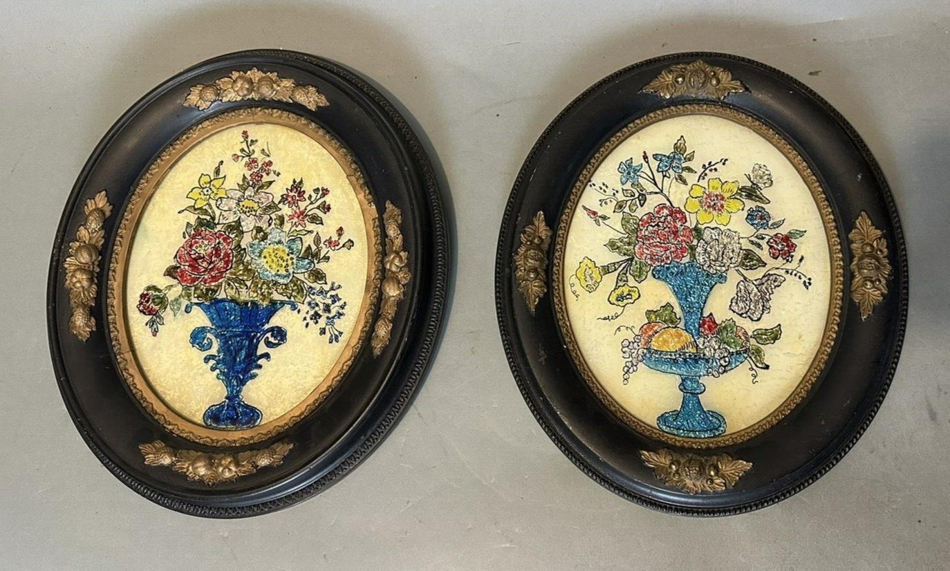 Pair of Antique Victorian Oval Framed Reverse Painted Glass & Foil Art Urns