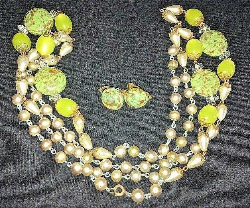 Vntg/Antq Murano Lampworks necklace & earrings venetian glass-Chartreuse Green