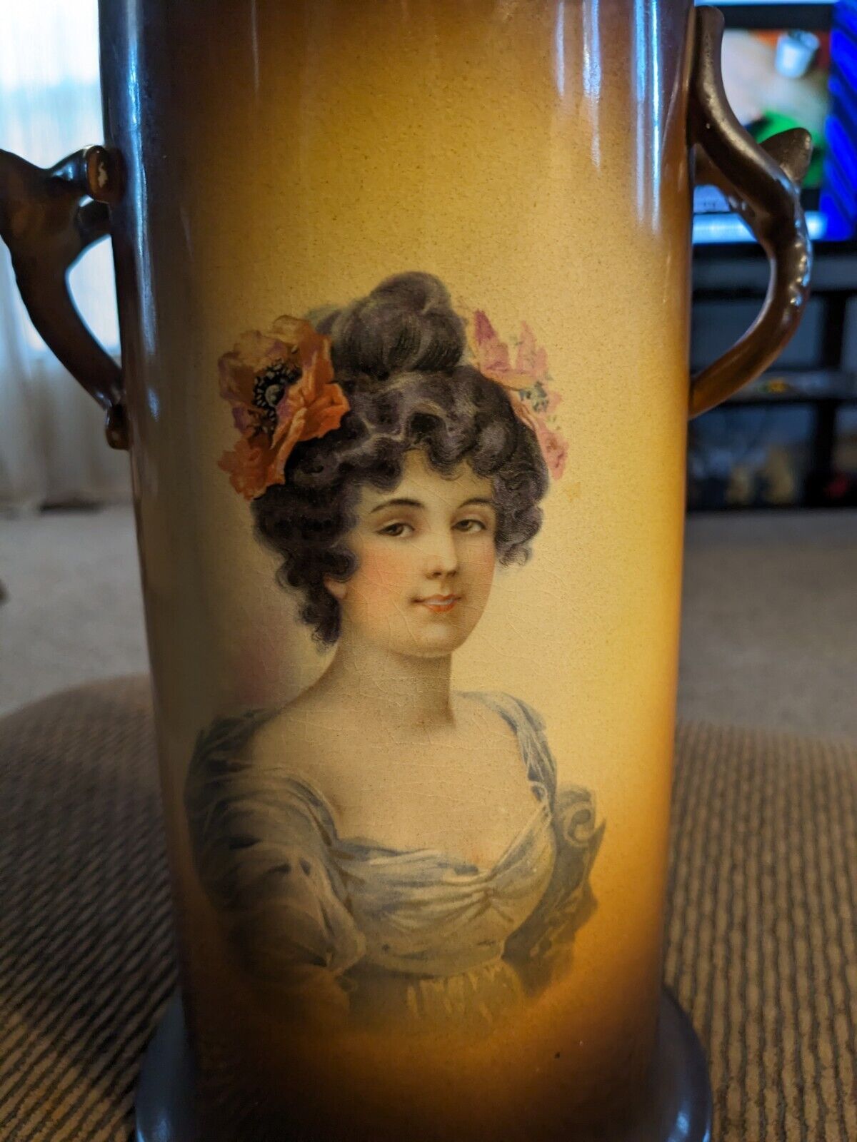 Antique Warwick IOGA Victorian Lady Portrait Vase W/ Twig Shaped Handles 
