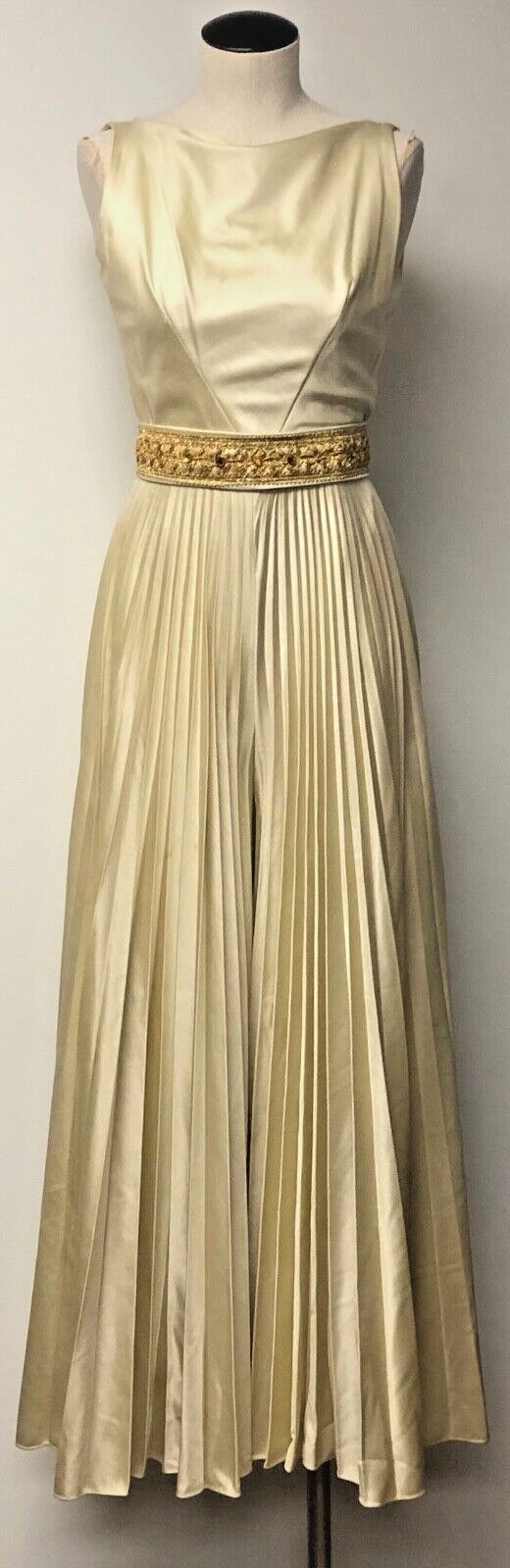 CHAMPAGNE IVORY VINTAGE AMAZING EVENING FORMAL JUMPSUIT KNIFE PLEAT PALAZZO S