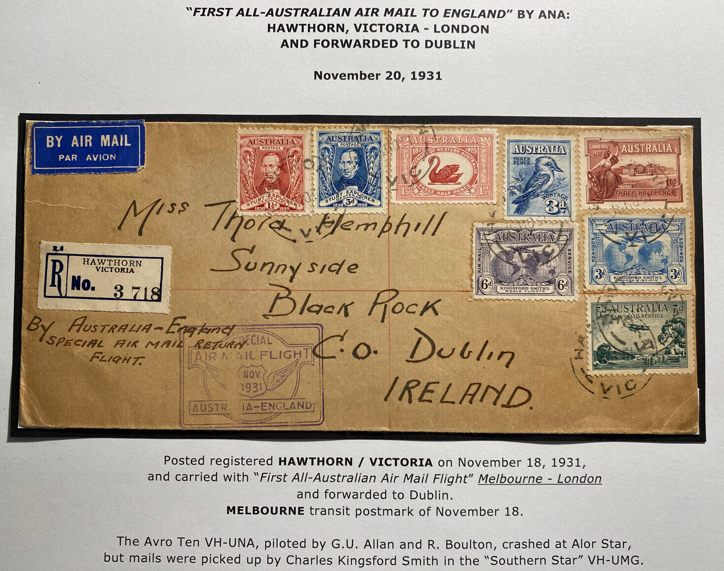1931 Hawthorn Australia First Special Flight Airmail Cover FFC To Dublin Ireland