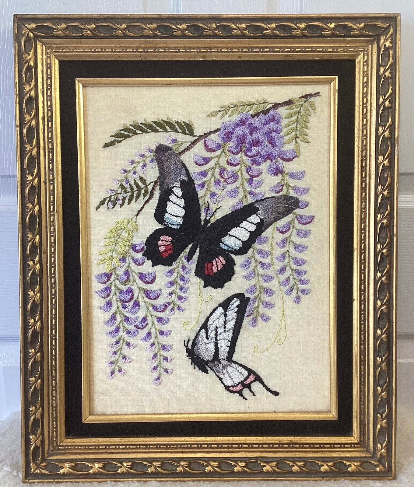 Vintage Crewel Embroidered Butterfly Wisteria Ornate Frame Picture Finished 21”