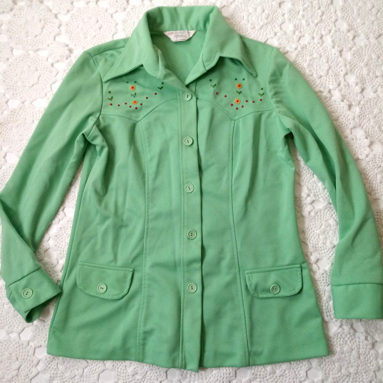 Vtg 70s JCPenney Jacket Shacket Green Western Beaded Floral Stitch Large Women