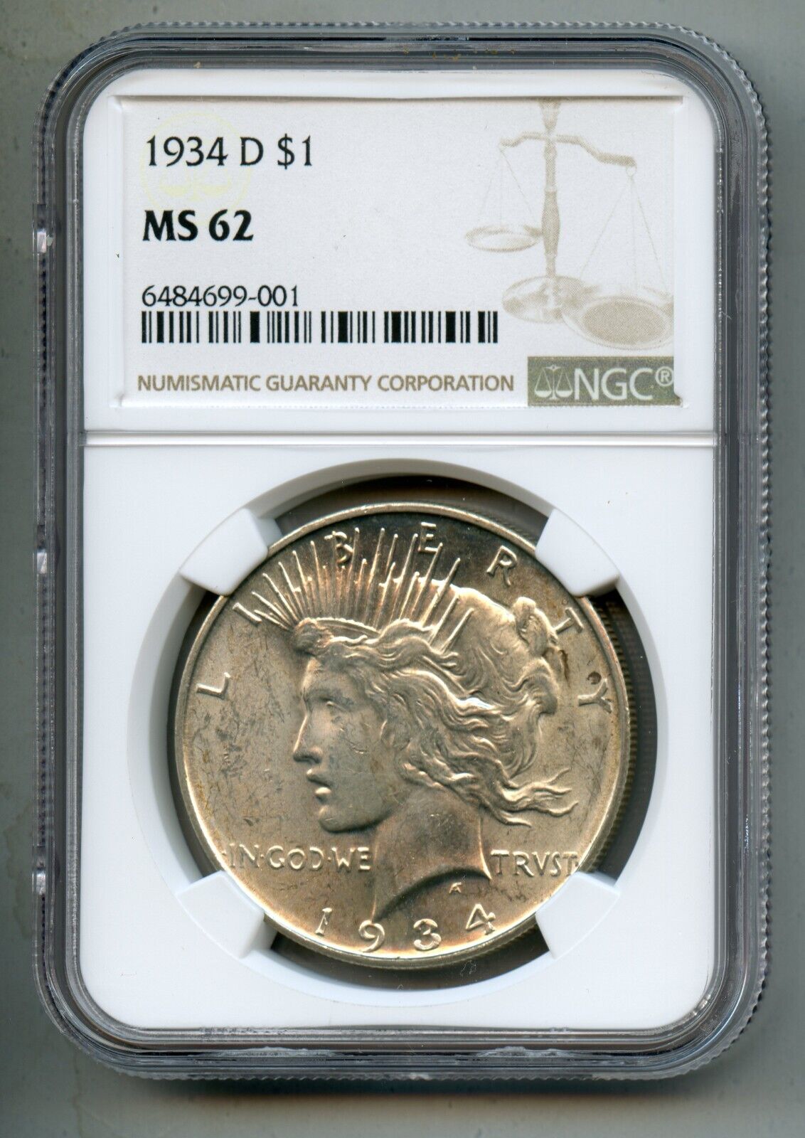 1934 D Peace Silver Dollar NGC MS 62