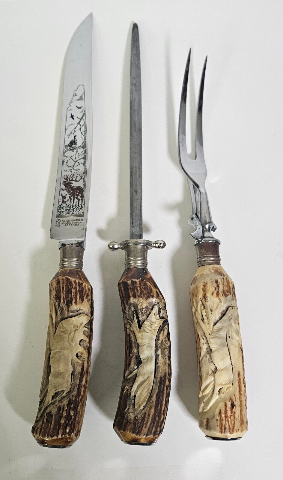 Anton Wingen Jr. 3 Piece Stag Carving Knife Solingen Germany Othello