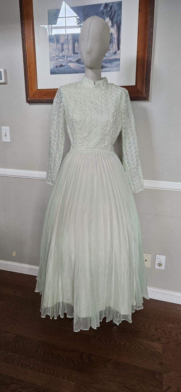 Vintage 1960s Light Green Pleated Formal Dress As Pictured
