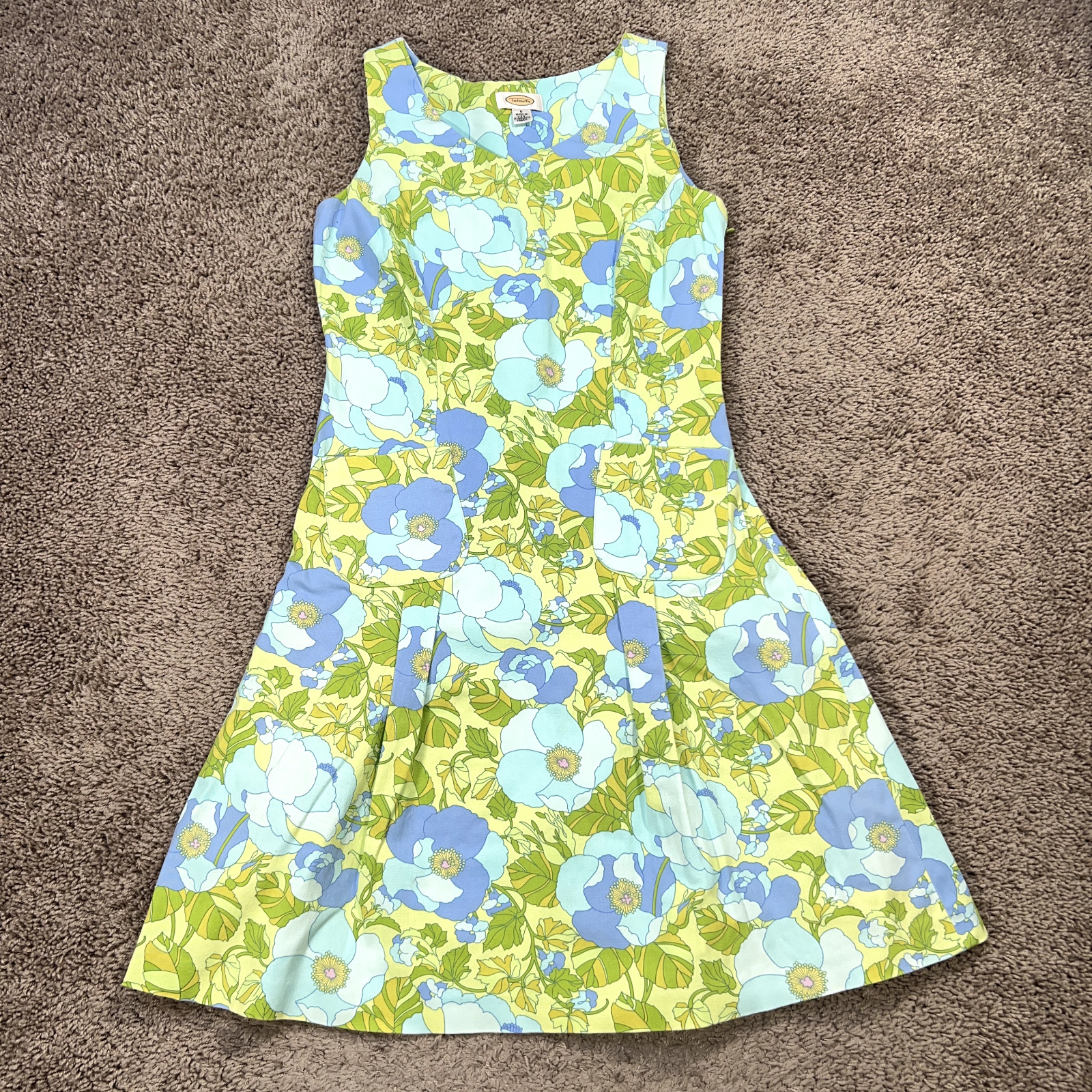Vintage Talbots Dress Womens 6 Blue Green Floral Sleeveless Side Zip Made in USA