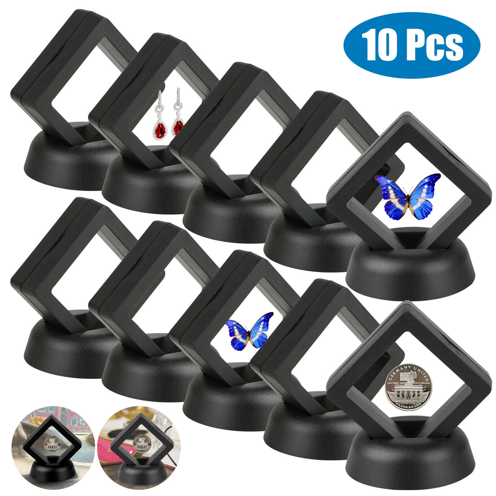 10Pcs 3D Floating Coin Display Frame Stand Holder Case Box For Jewelry Challenge