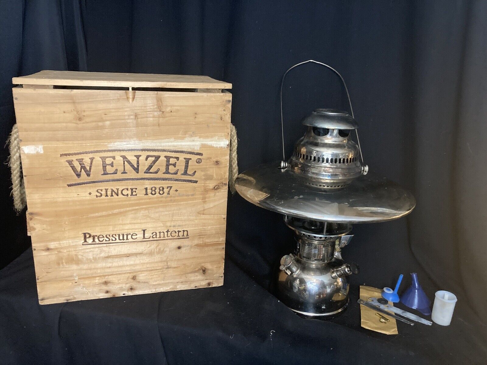 Wenzel Nickel Plated Pressure Kerosene Lantern in Wood Crate #823018 Camping
