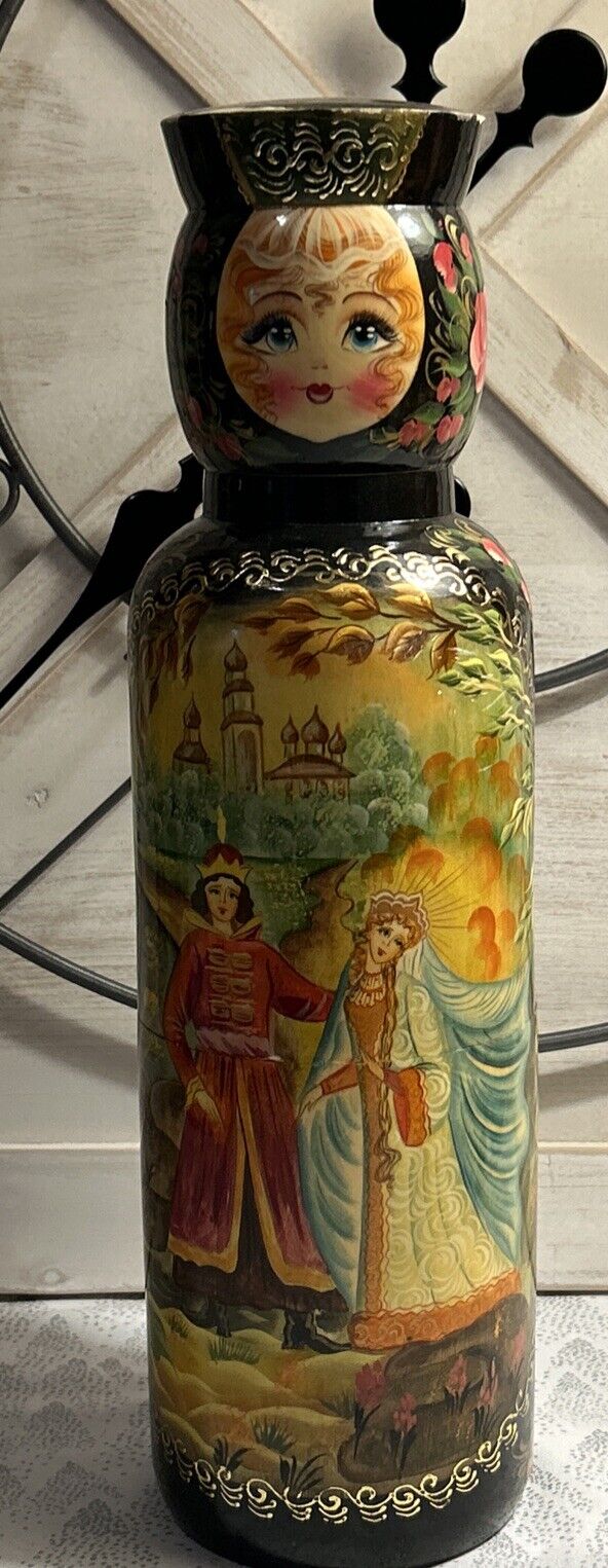 Vintage Matryoshka Russian Hand Painted Nesting Doll Bottle Holder 14.5” Signed