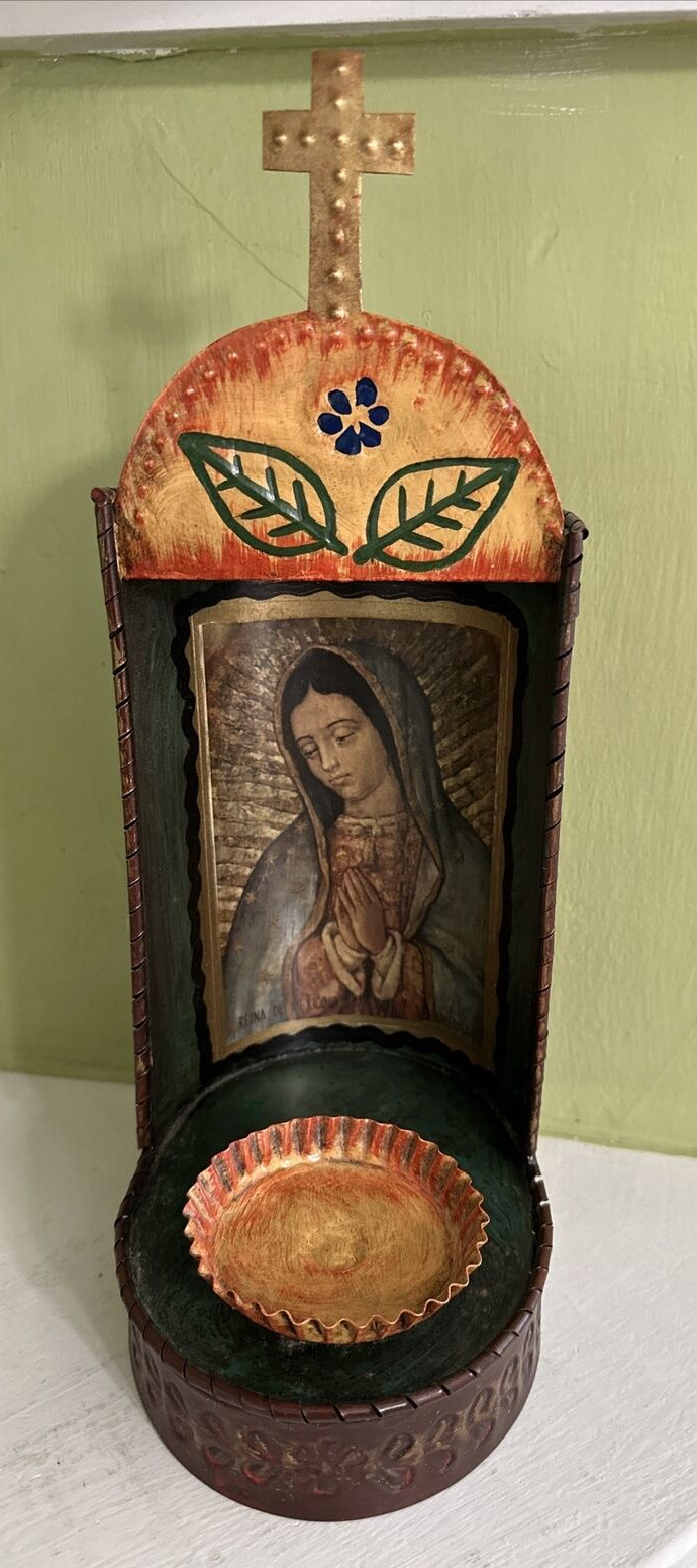 Vintage Metal Hand Made in Mexico Blessed Mother  Devotional with Candle Holder