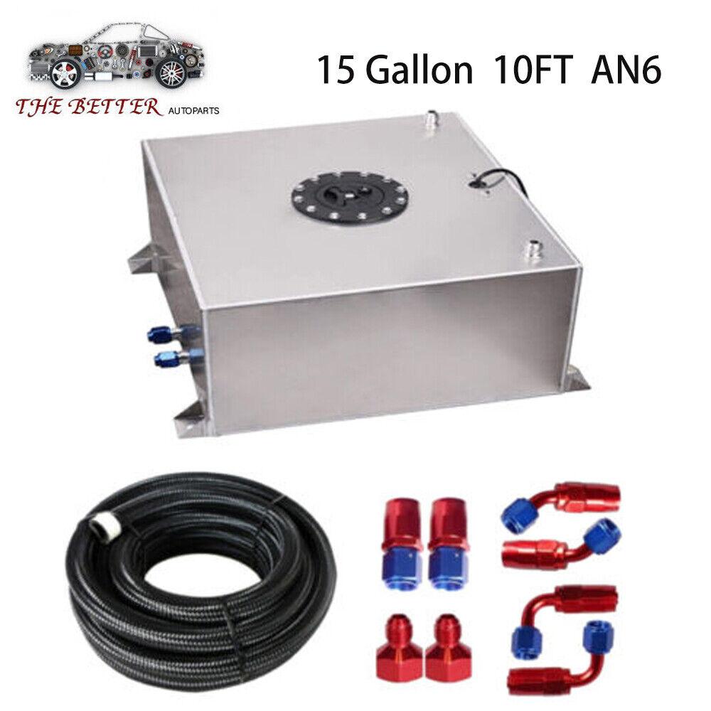 15 Gallon Silver Aluminum Gas Tank Fuel Cell w/ Cap +Level Sender+Fuel Line Kit