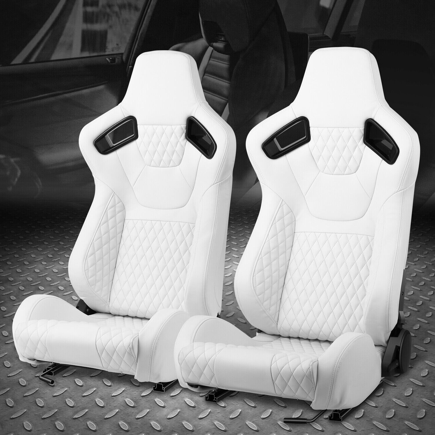 Pair of Universal White Vinyl & Stitching Adjustable Reclinable Racing Seats