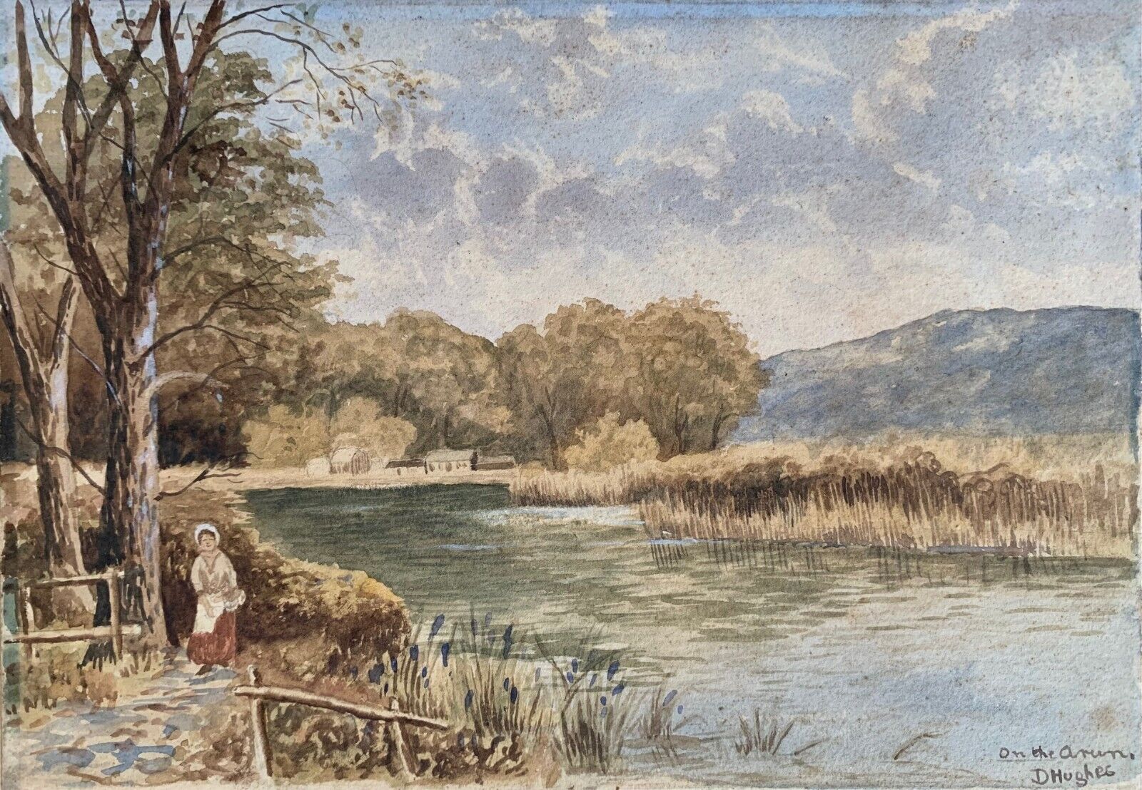 Original Signed Antique Watercolor English Landscape Woman by River Arun Sussex
