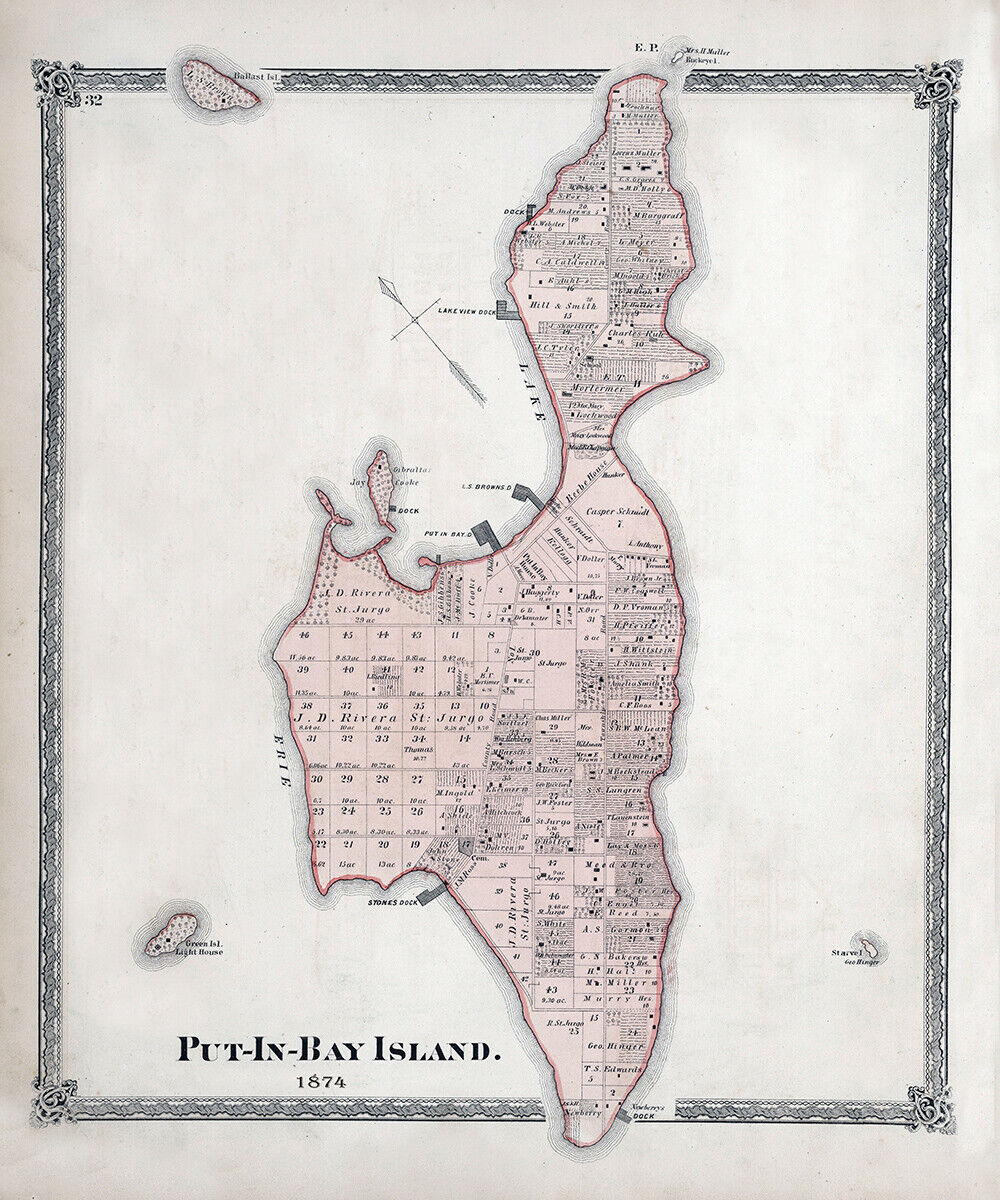 1874 Map of Put In Bay Island Ottawa County Ohio Lake Erie
