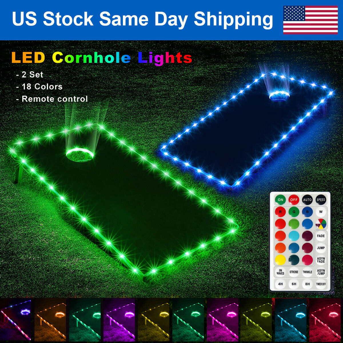 18 Colors Remote LED Cornhole Board Lights Edge and Corn Hole Ring Lights 2 PCS
