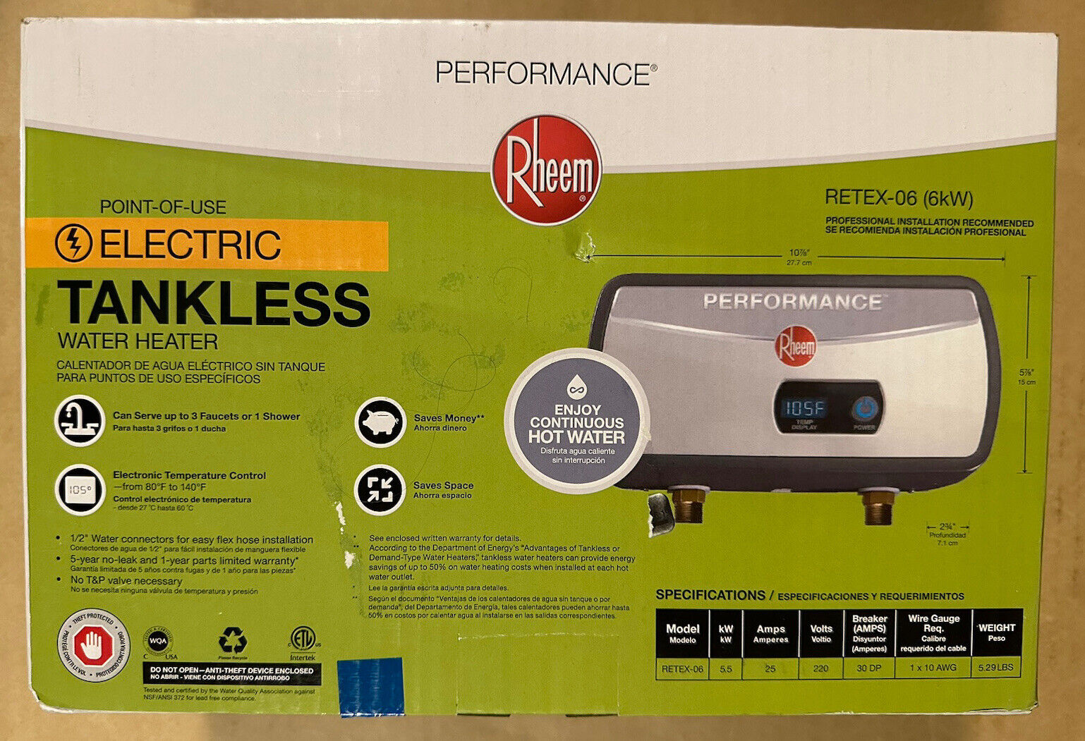 RHEEM RETEX-06 6 kW 1.0 GPM Point-of-Use Electric Tankless Water Heater NEW