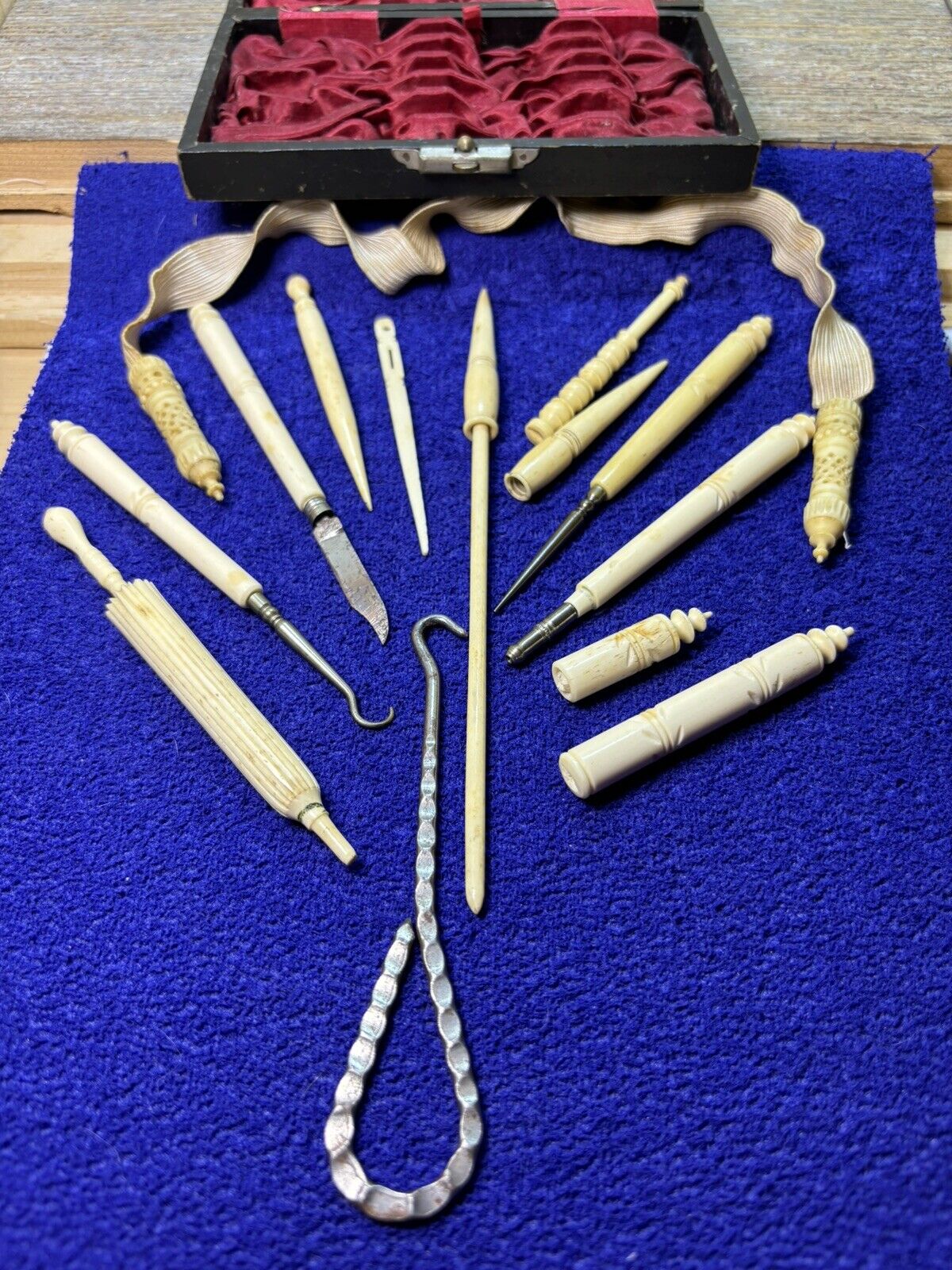 Antique French Bone Sewing Tools, Bone Button Hooks Stilleto Needle