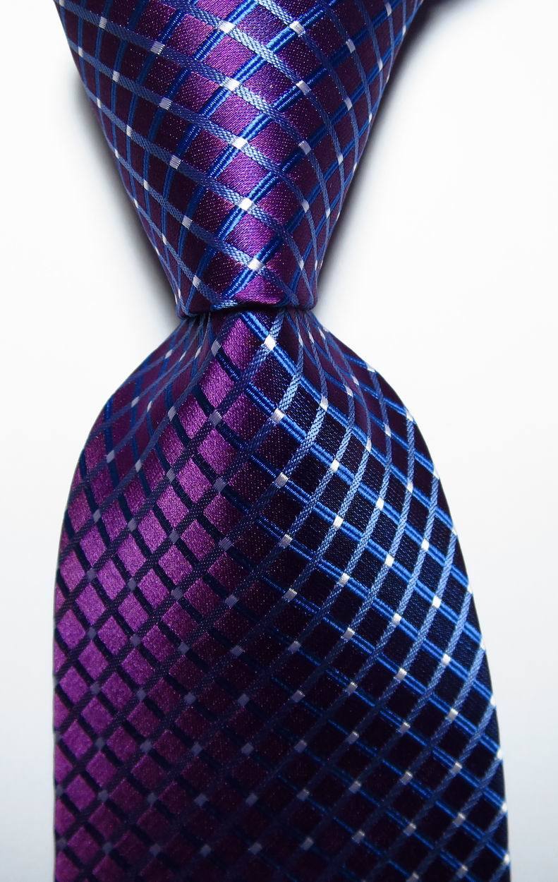 New Classic Checks Purple White Blue JACQUARD WOVEN 100% Silk Men\'s Tie Necktie