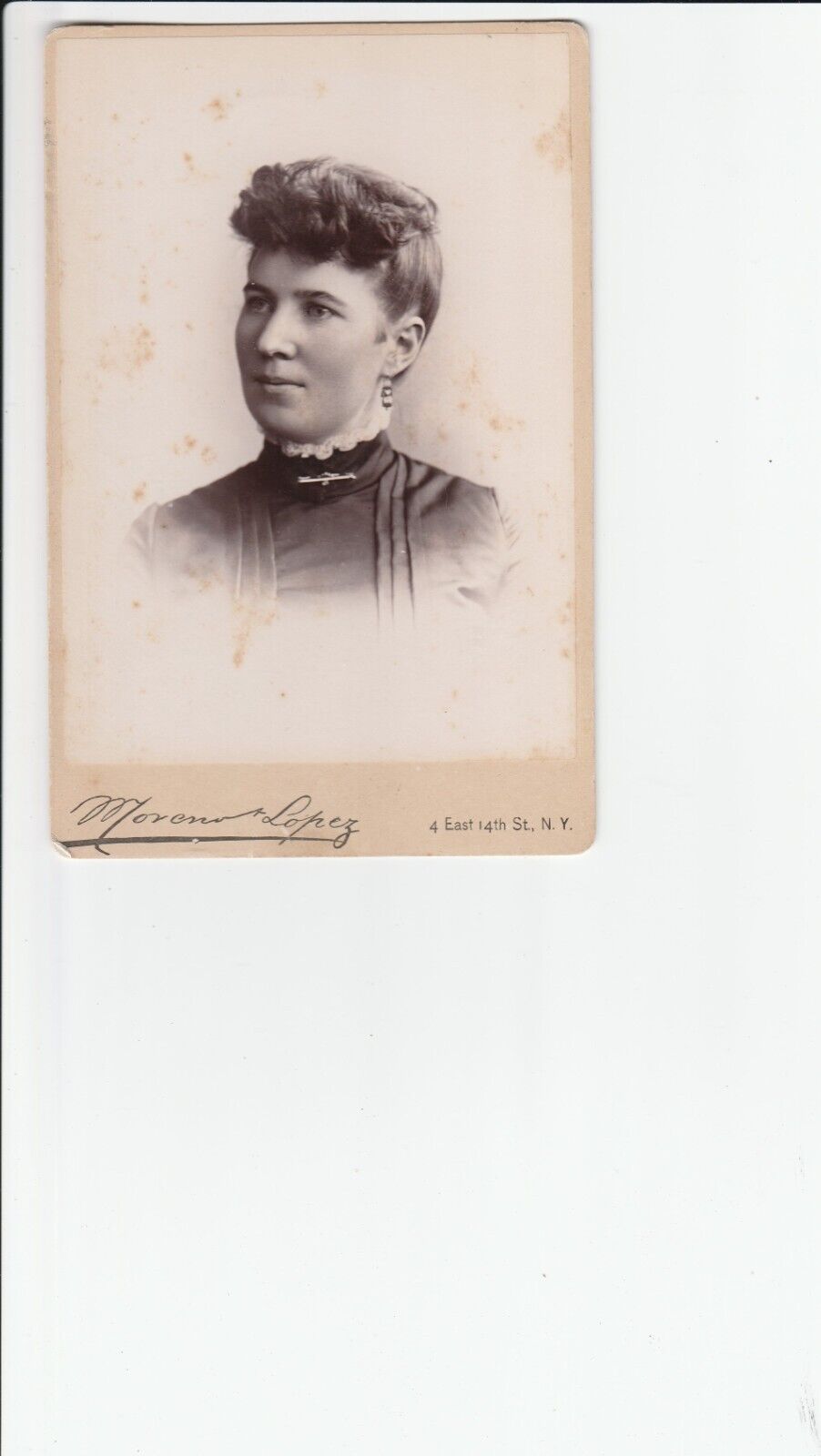 Cabinet Card 1885 N.Y. VICTORIAN LADY BAR BROACH BIRD ,UNUSUAL EARRINGS,BUN HEAD