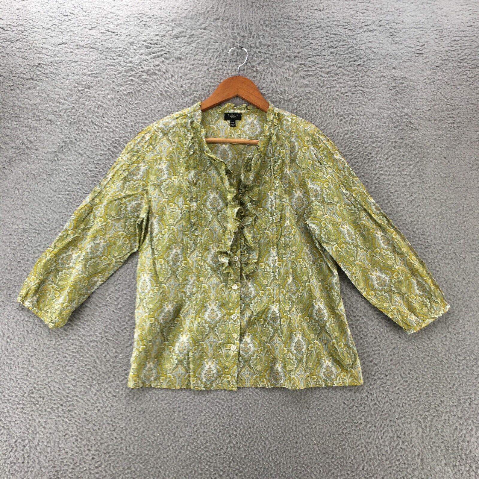 Talbots Ruffle 3/4 Sleeve Shirt Womens Petite 12 Green Cotton Button Up Casual