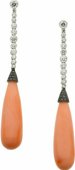 Early 1920s Vintage Orange Coral With Black Onyx & White CZ Drop-Dangle Earrings