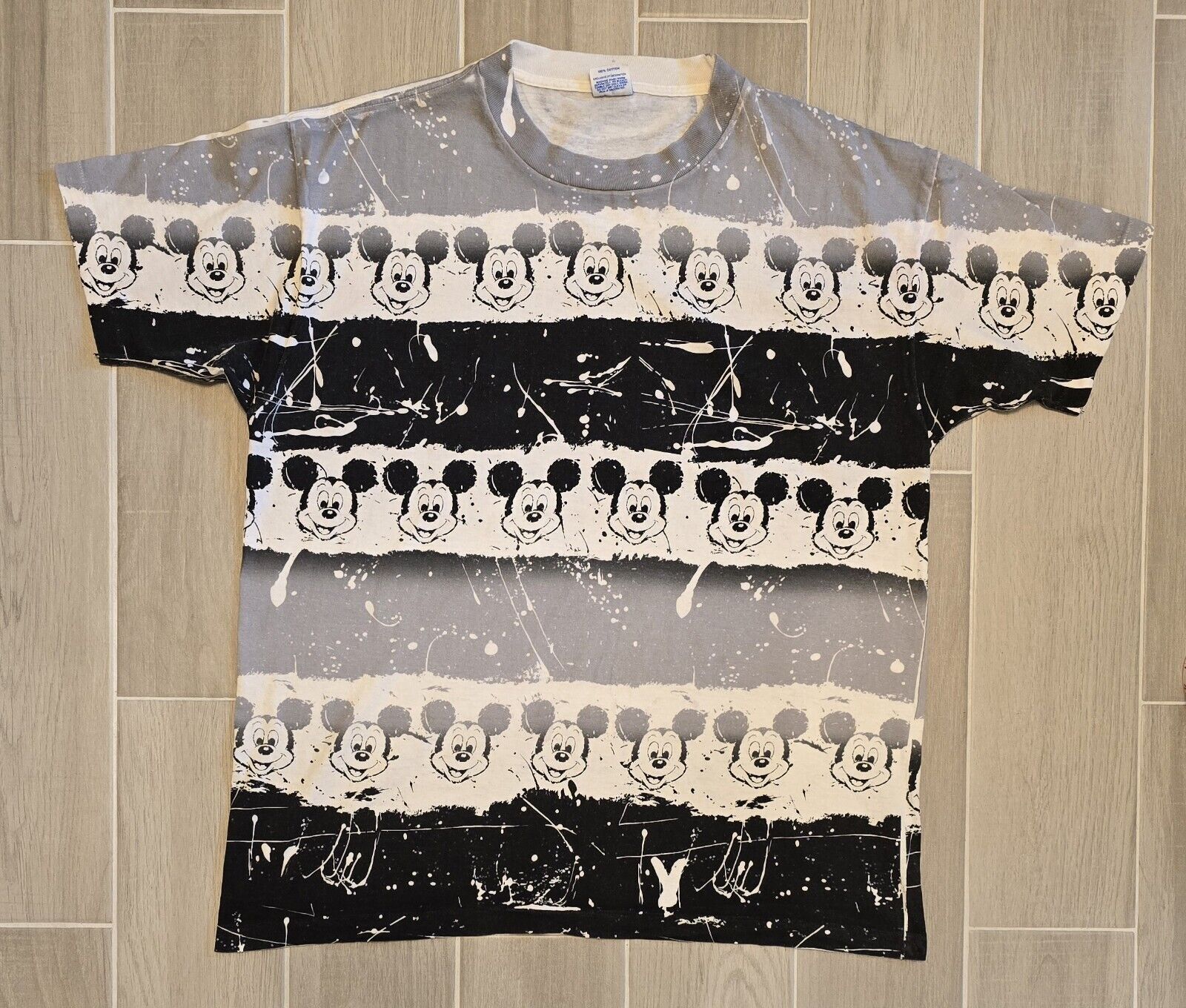 VTG 90\'s Disney Mickey Mouse Tie Dye Gray Black AOP Single Stitch T-Shirt OSFA