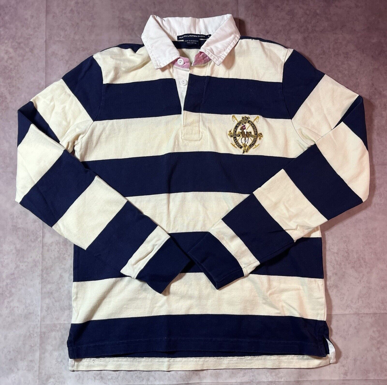Polo Ralph Lauren Sport Women’s Long Sleeve Striped Rugby Shirt Navy White Sz Lg