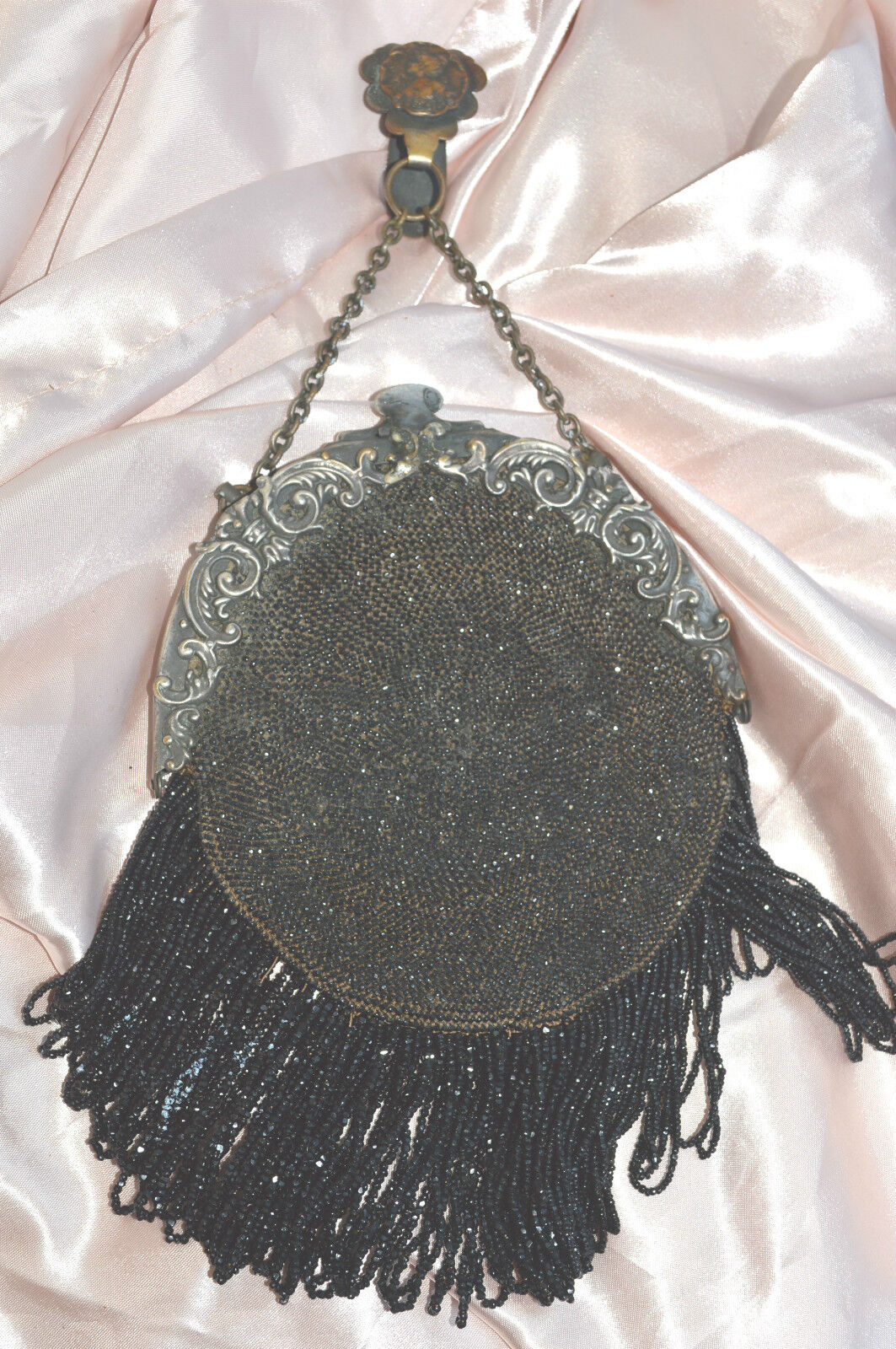 Antique 1890  Black Beaded  & Crochet Fabric Ornate Silver Frame Lined Purse 