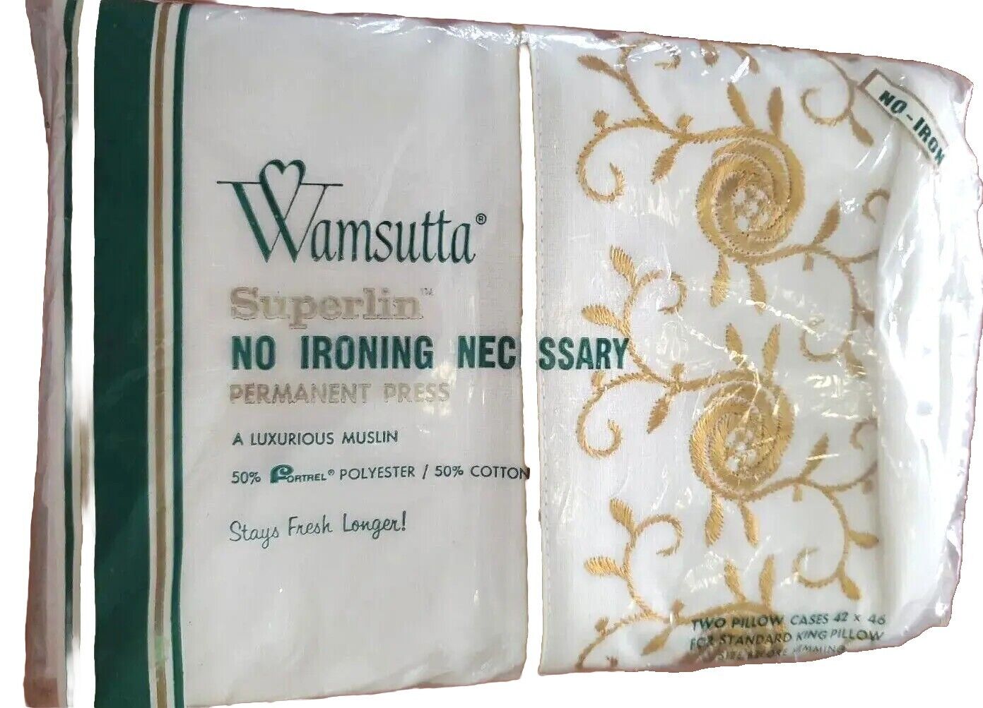 Wamsutta King Pillowcases  Gold Embroidery Set of 2 Unused Vintage